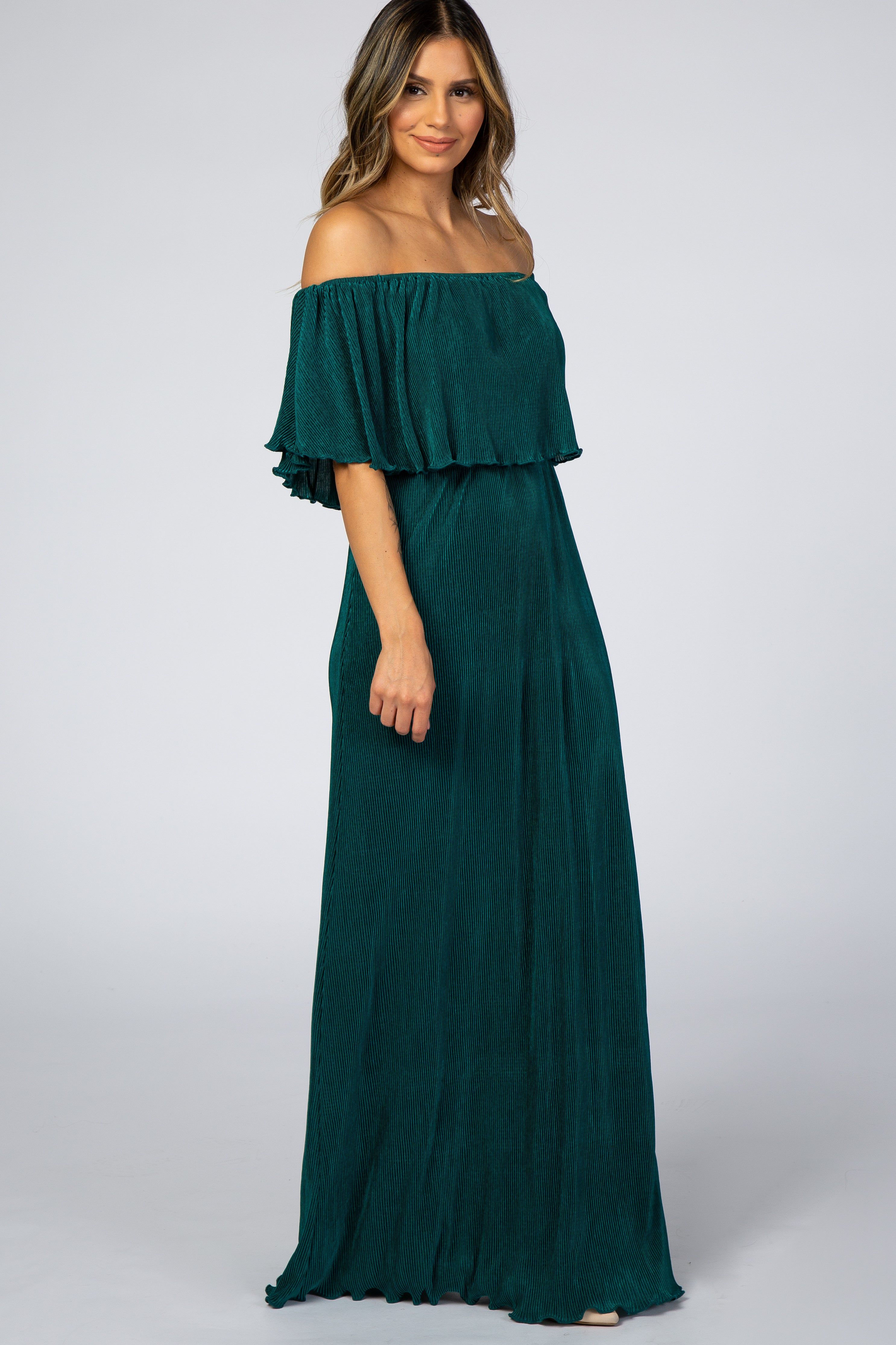 Forest Green Pleated Ruffle Off Shoulder Maxi Dress sold by Pinkblush product image thumbnail 2
