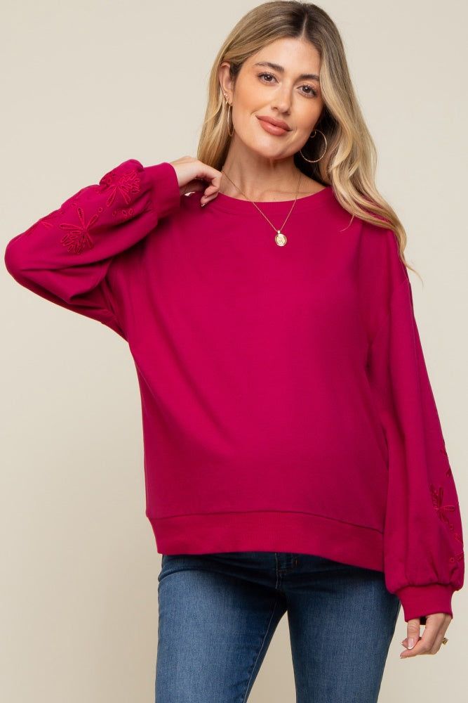 Magenta Embroidered Long Sleeve Maternity Top sold by Pinkblush