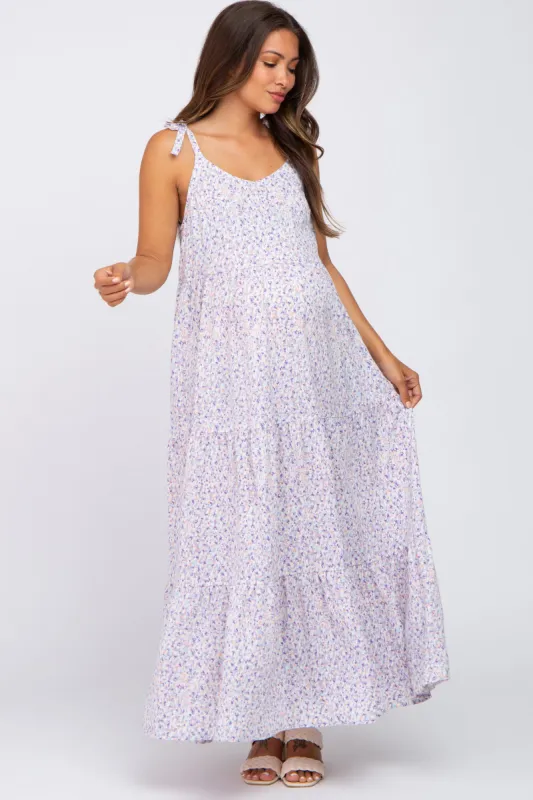 Lavender Printed Tiered Maternity Maxi Dress sold by Pinkblush