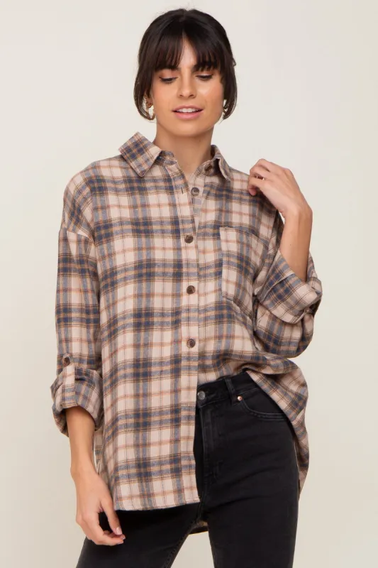 Navy Plaid Button Up Front Pocket Top sold by Pinkblush