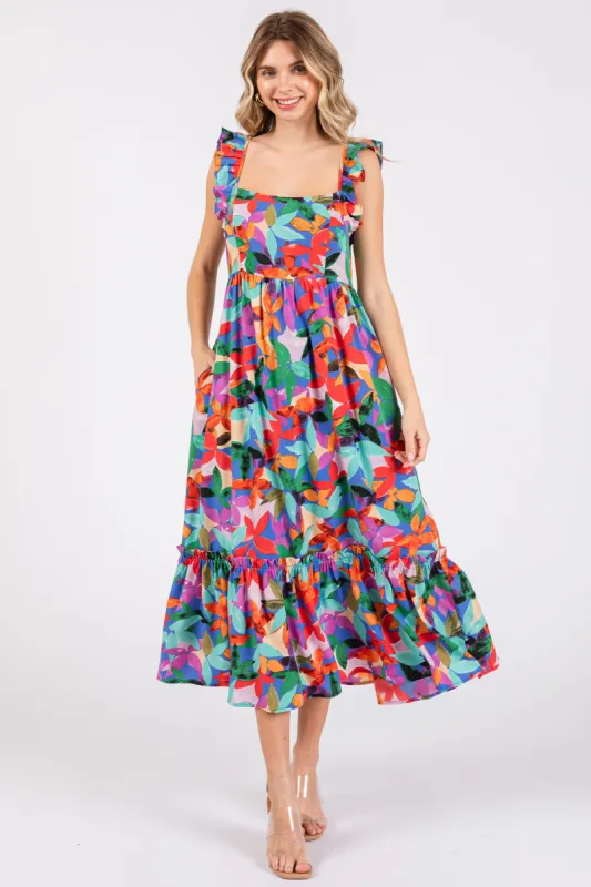 Blue Floral Satin Square Neck Ruffle Strap Midi Dress sold by Pinkblush