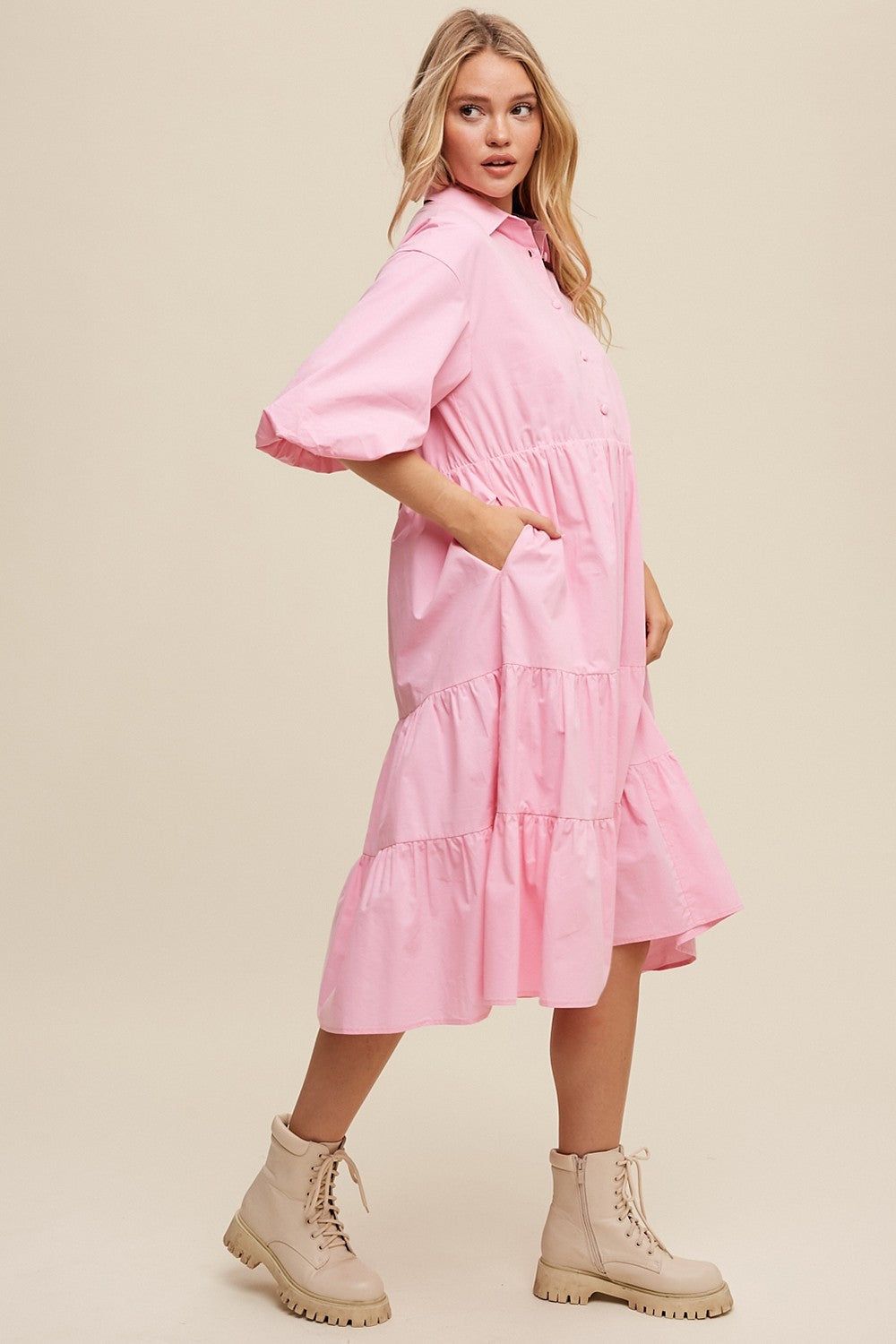 Pink Button Front Tiered Babydoll Poplin Midi Dress sold by Pinkblush product image thumbnail 2