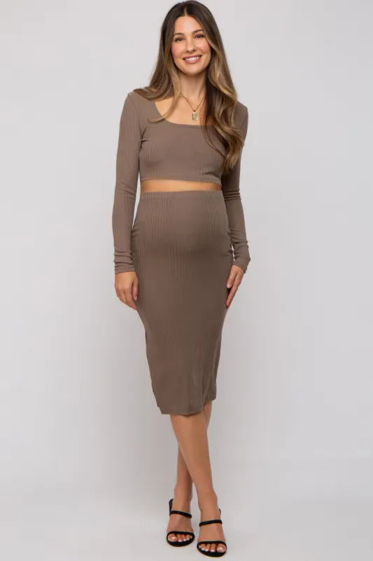 Mocha Ribbed Maternity Crop Top Midi Skirt Set sold by Pinkblush