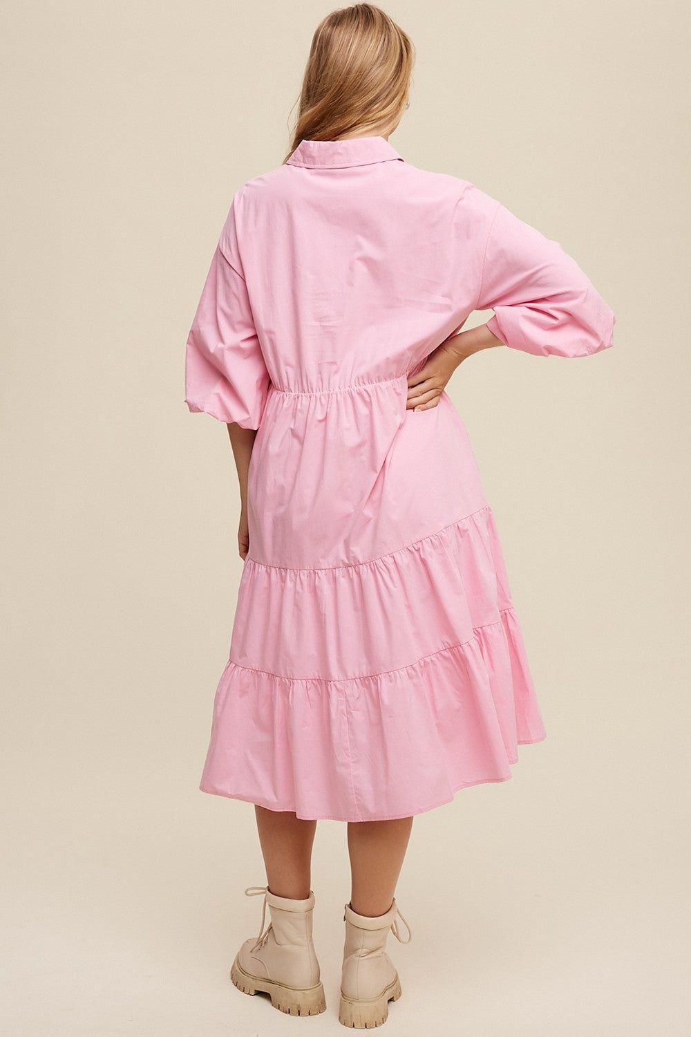 Pink Button Front Tiered Babydoll Poplin Midi Dress sold by Pinkblush product image thumbnail 3