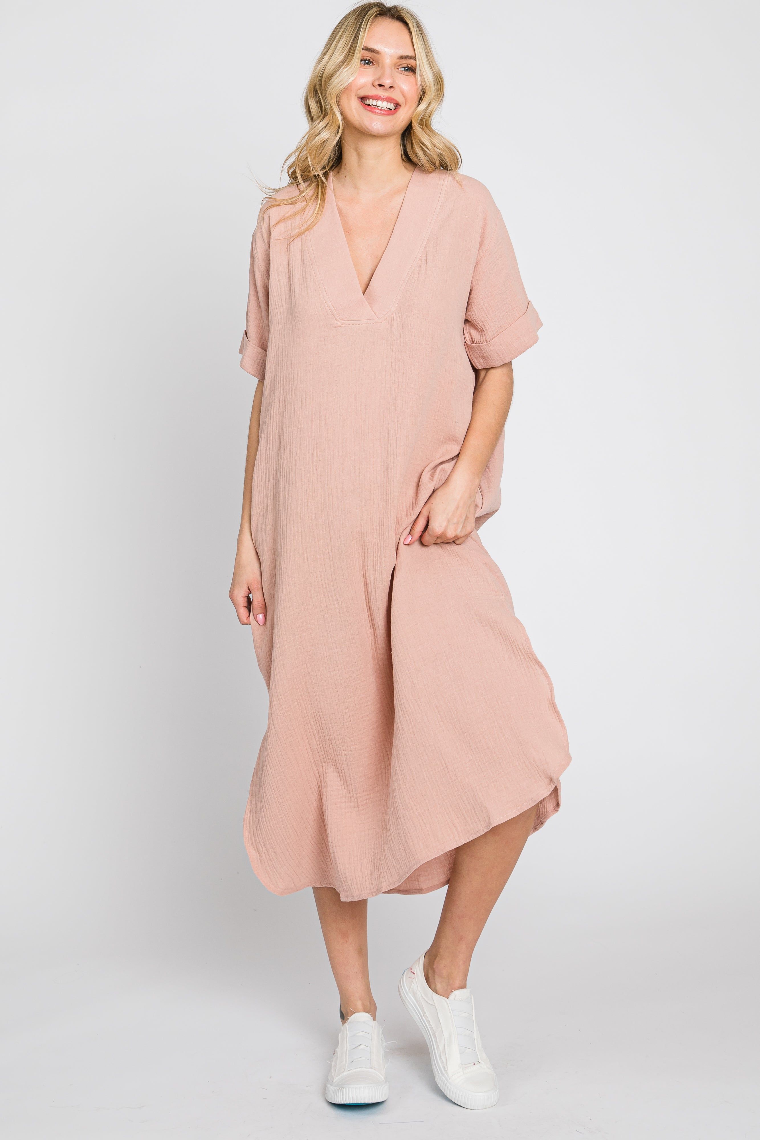 Mauve Gauze Round Hem Midi Dress sold by Pinkblush