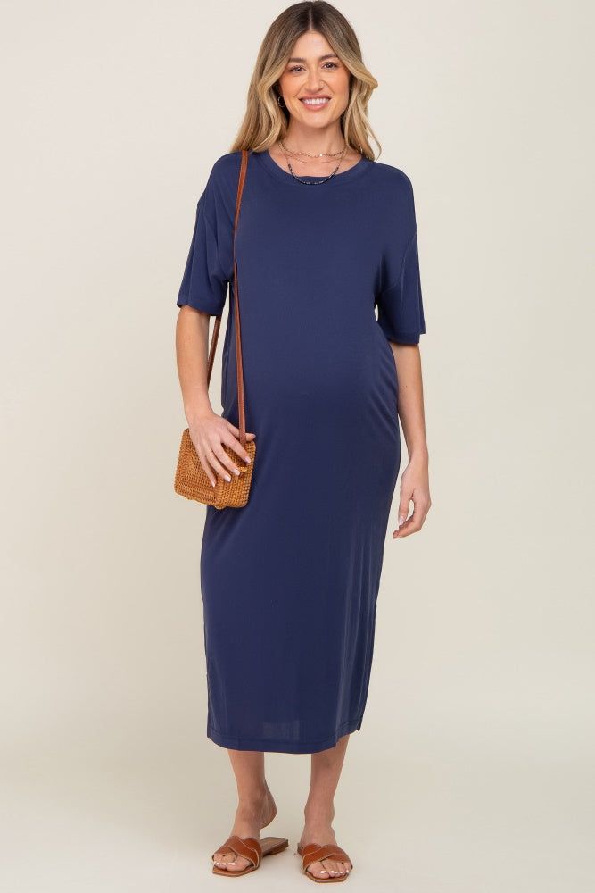Navy Shift Maternity Midi Dress sold by Pinkblush