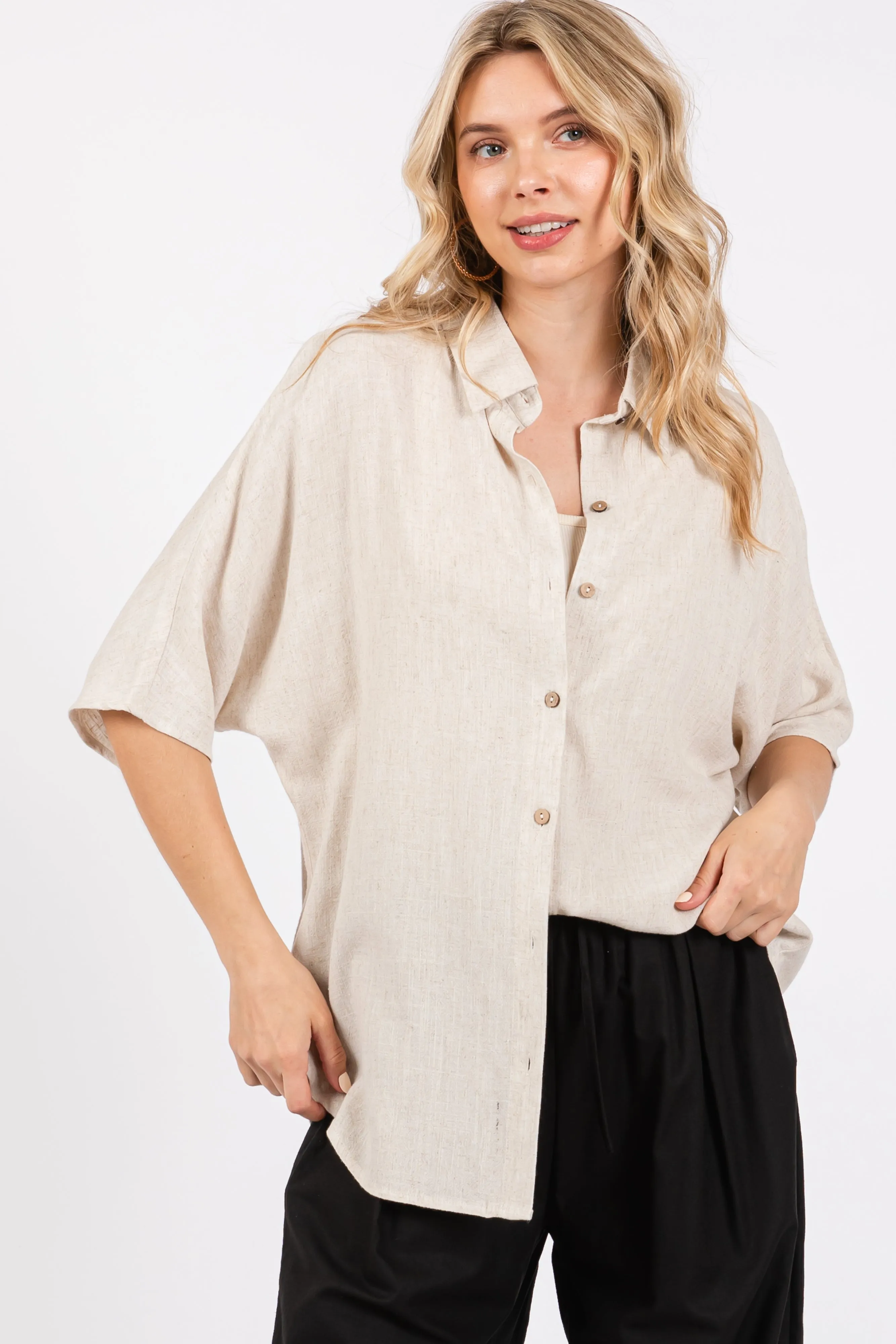Cream Linen Dolman Half Sleeve Button Down Top sold by Pinkblush product image thumbnail 4