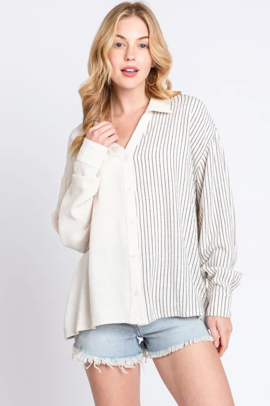 Beige Half Stripe Button Down Top sold by Pinkblush