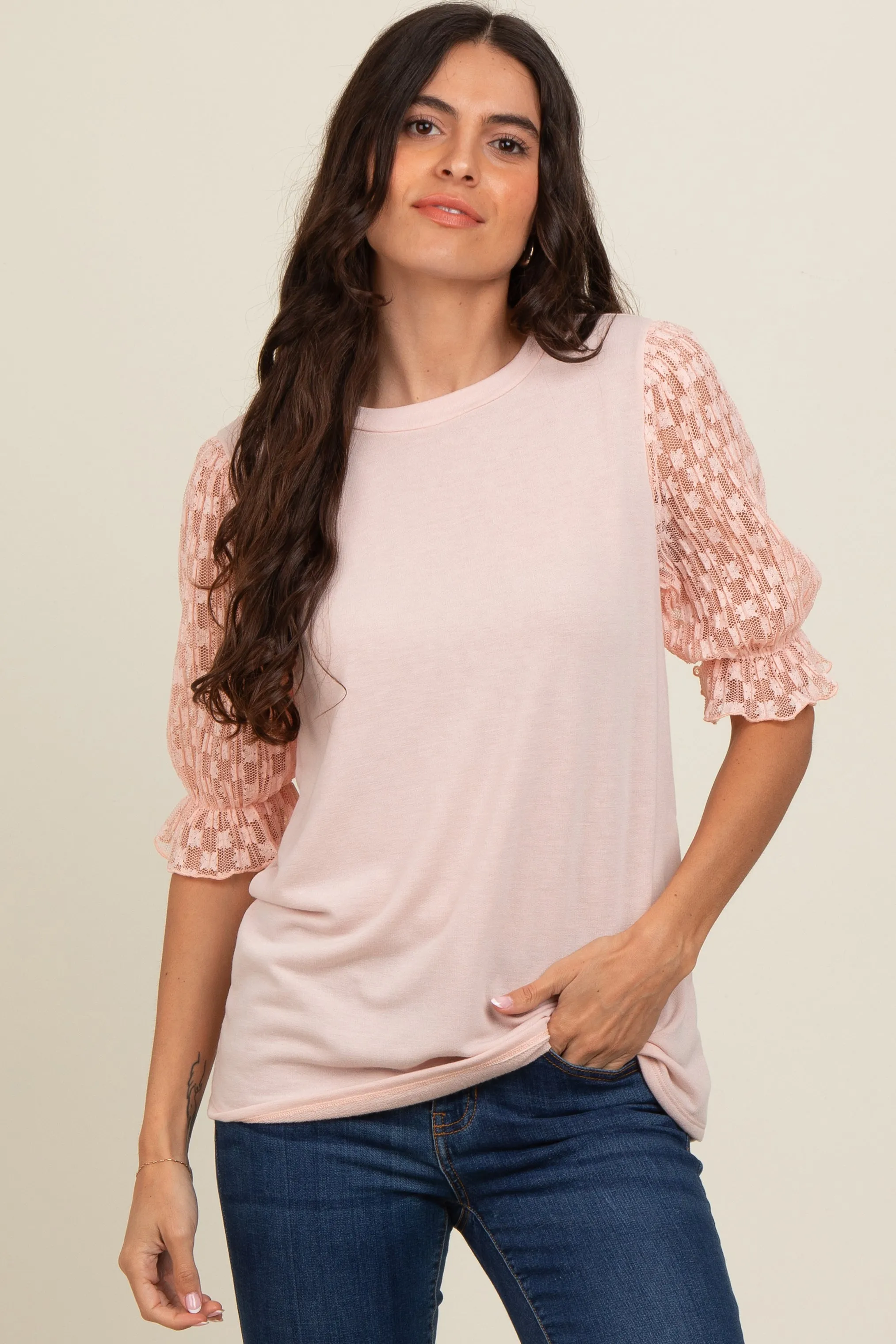 Peach Mesh Floral Puff Sleeve Top sold by Pinkblush product image thumbnail 2