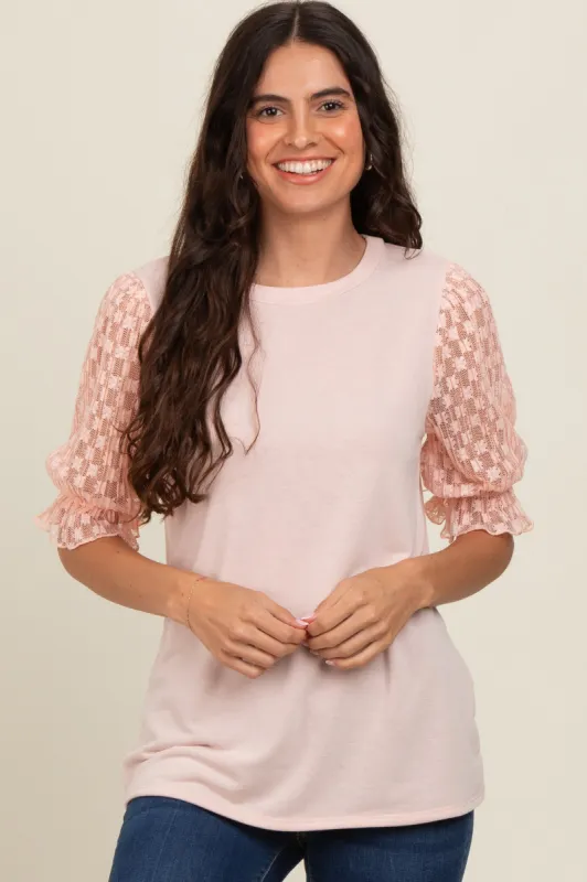 Peach Mesh Floral Puff Sleeve Top sold by Pinkblush