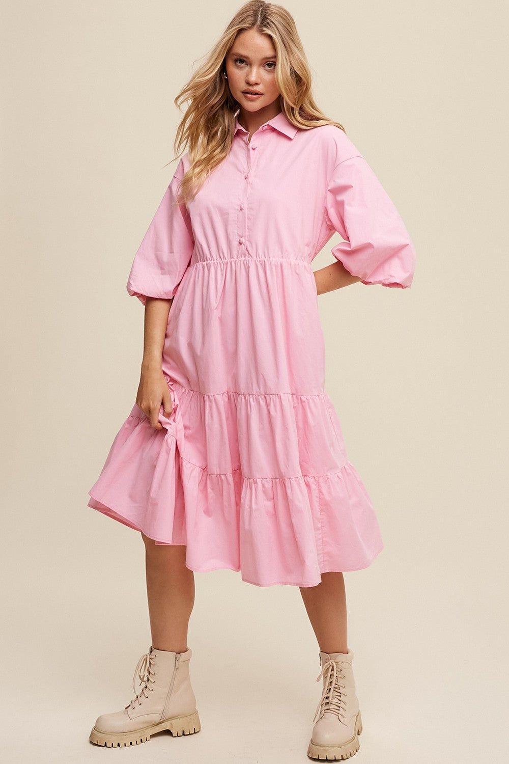 Pink Button Front Tiered Babydoll Poplin Midi Dress sold by Pinkblush