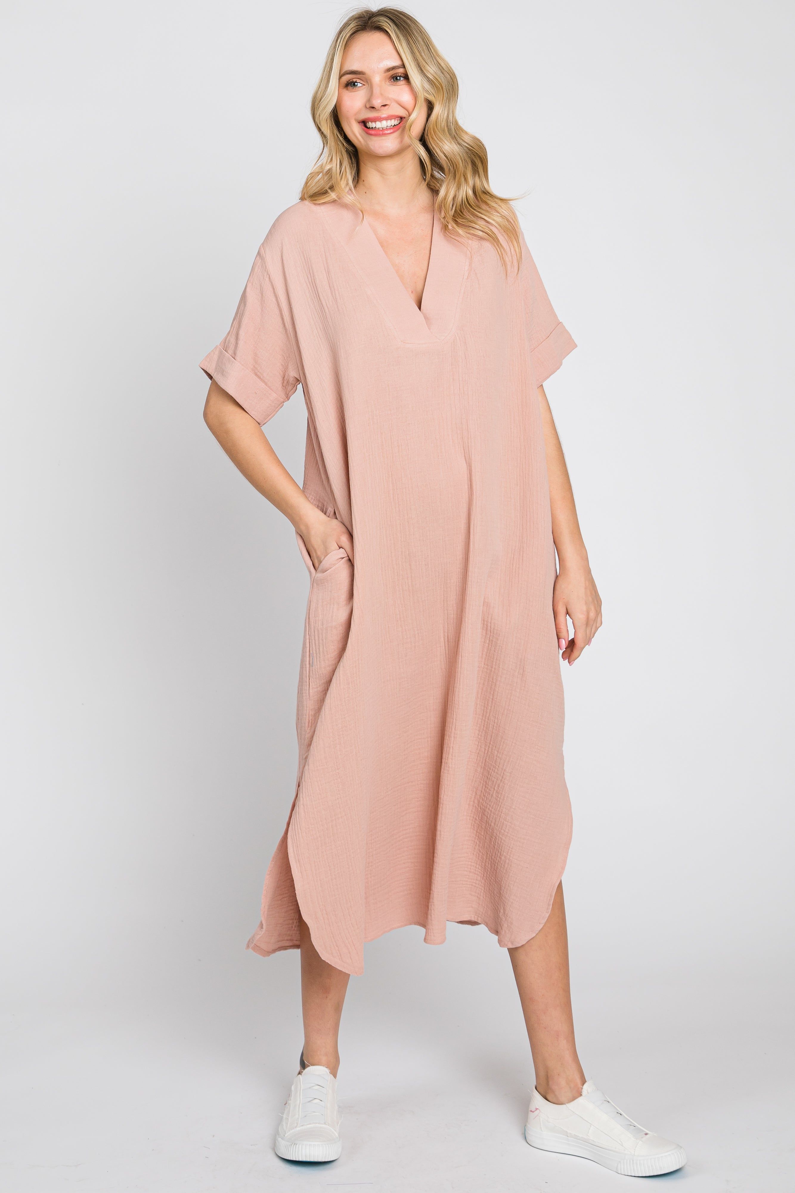 Mauve Gauze Round Hem Midi Dress sold by Pinkblush product image thumbnail 2