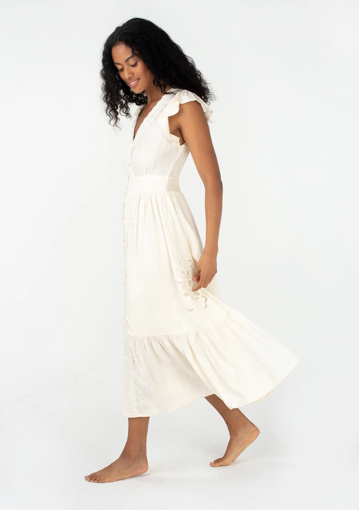 Cream Crochet Flutter Sleeve Button Down Maxi Dress sold by Pinkblush product image thumbnail 2