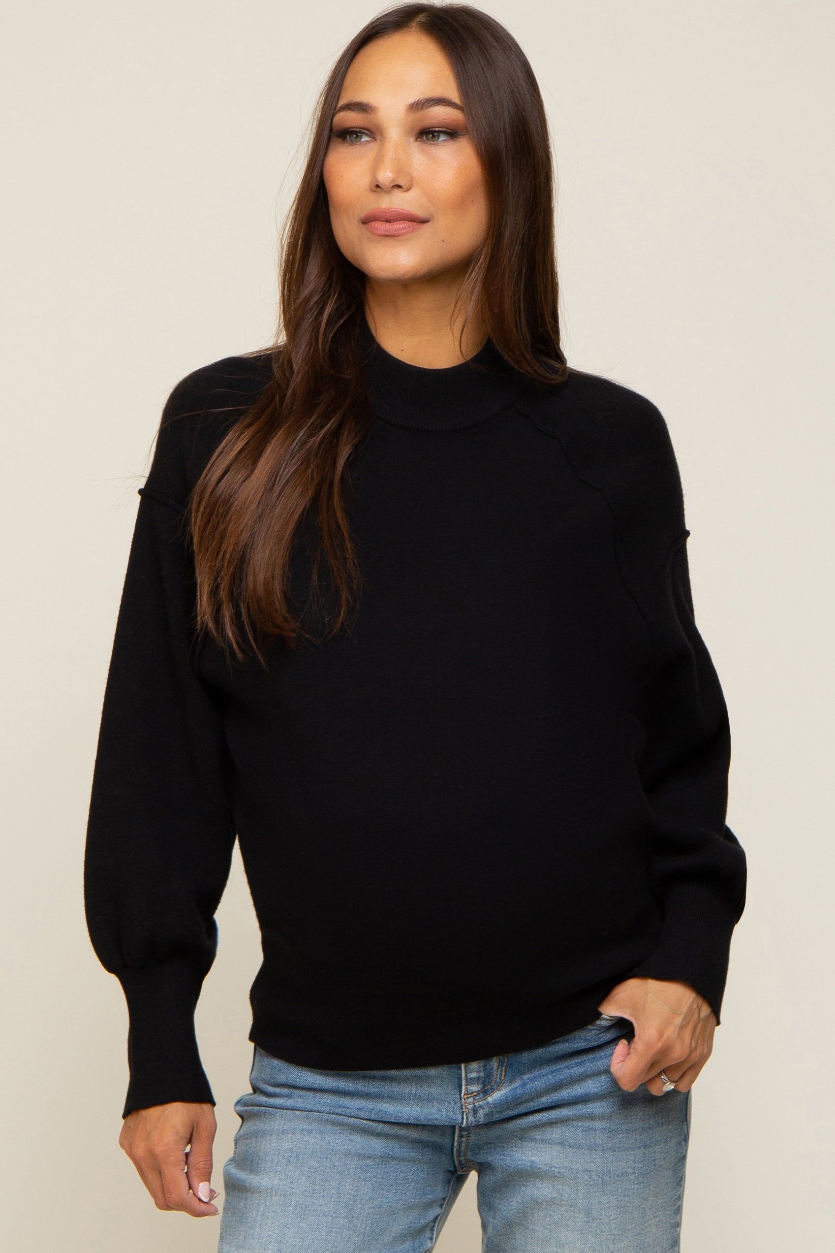 Black Knit Long Sleeve Mock Neck Maternity Top sold by Pinkblush