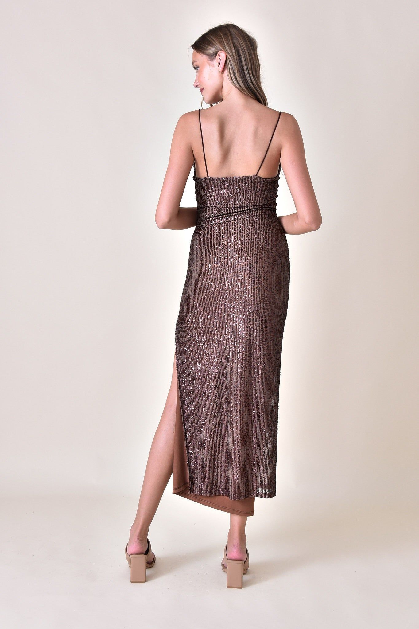 Mocha Sequin Maxi Dress With Side Slit sold by Pinkblush product image thumbnail 3