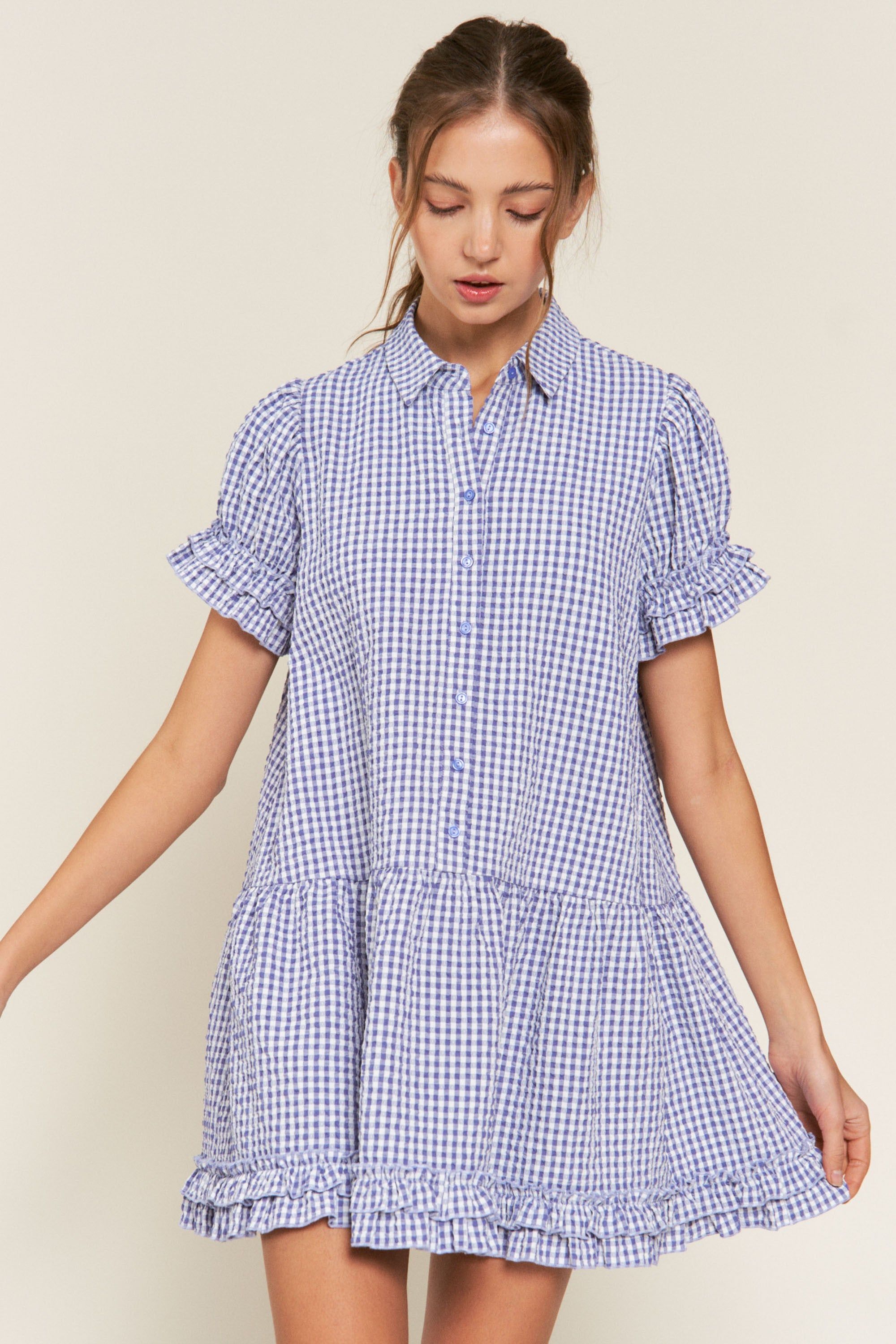 Blue Button Down Baby Doll Mini Dress sold by Pinkblush