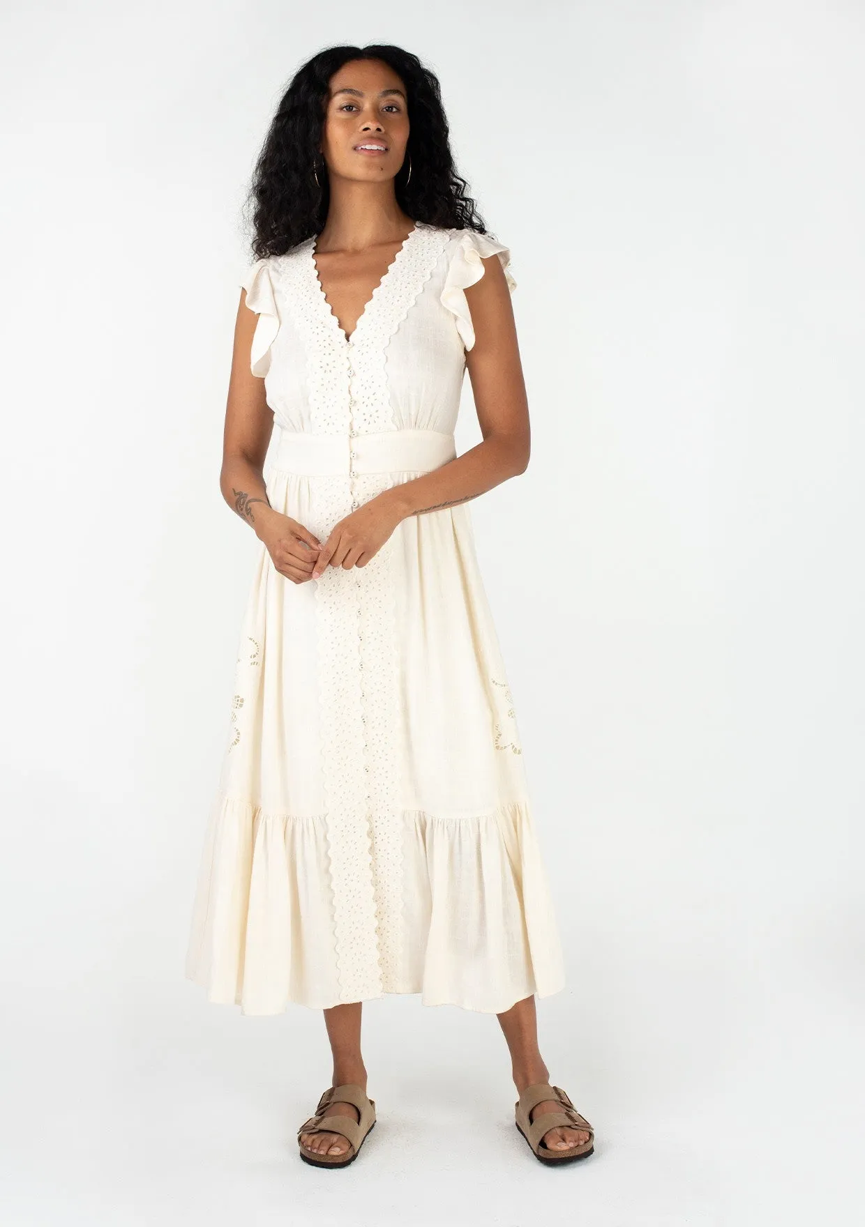 Cream Crochet Flutter Sleeve Button Down Maxi Dress sold by Pinkblush