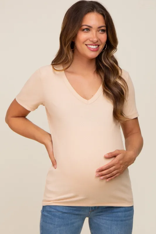 Beige Ribbed V-Neck Maternity Top sold by Pinkblush