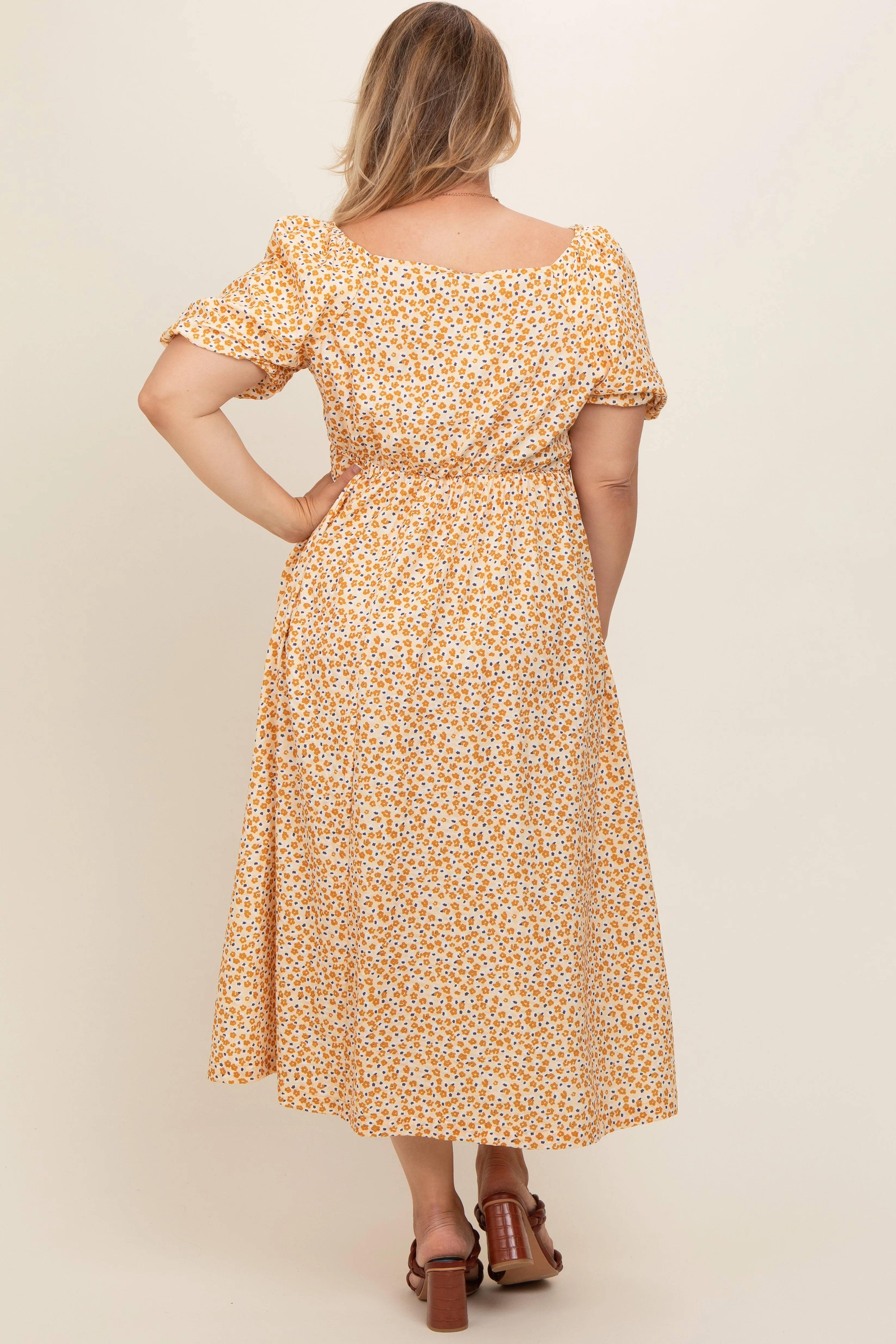 Yellow Floral Short Puff Sleeve Maternity Plus Midi Dress sold by Pinkblush product image thumbnail 3