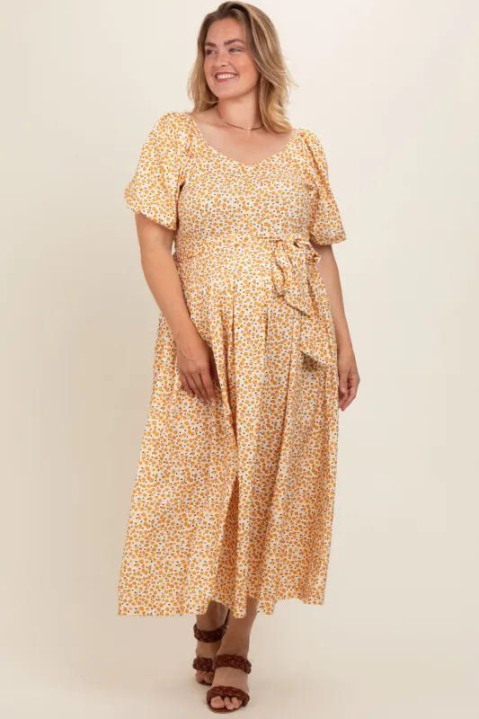 Yellow Floral Short Puff Sleeve Maternity Plus Midi Dress sold by Pinkblush
