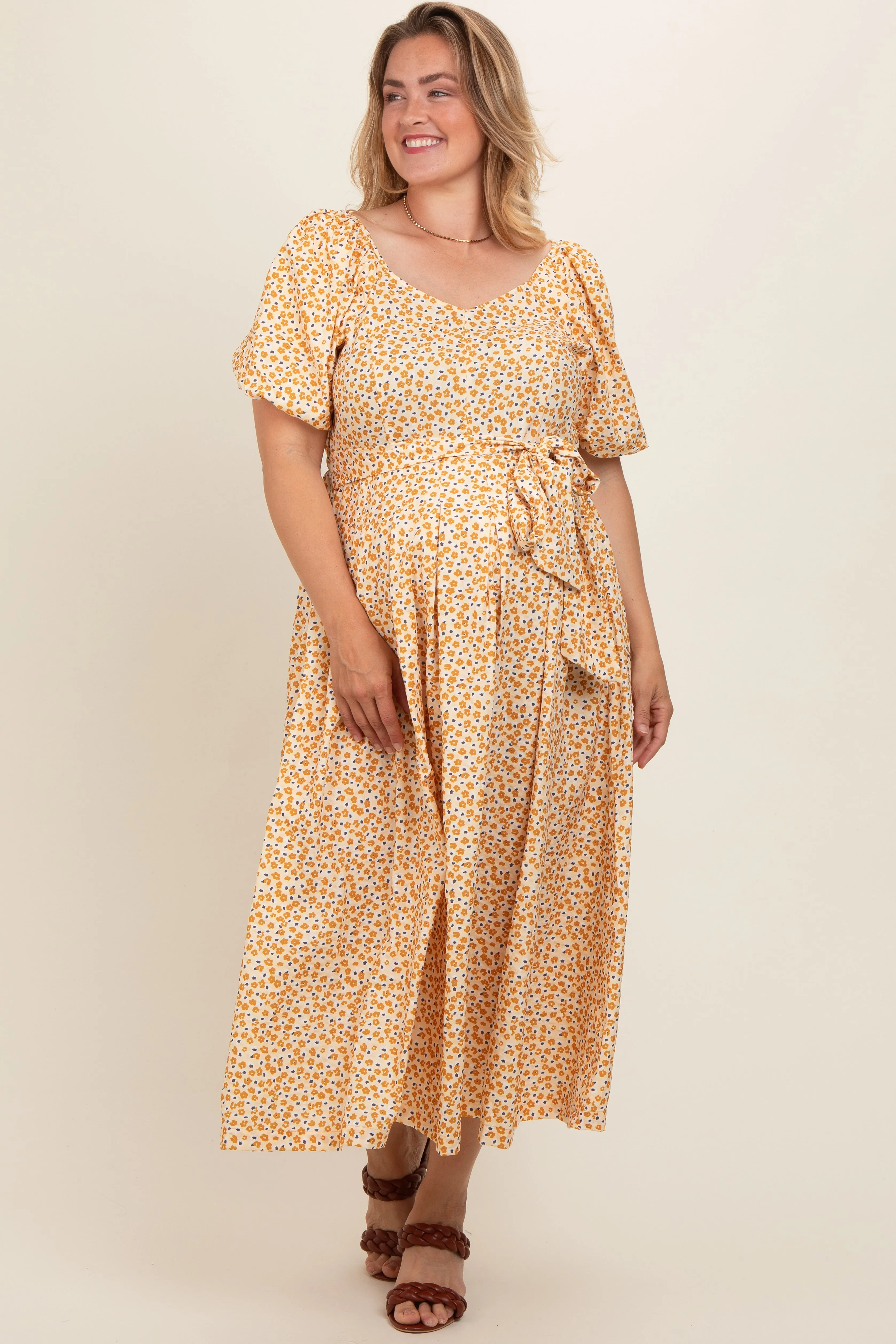 Yellow Floral Short Puff Sleeve Maternity Plus Midi Dress sold by Pinkblush