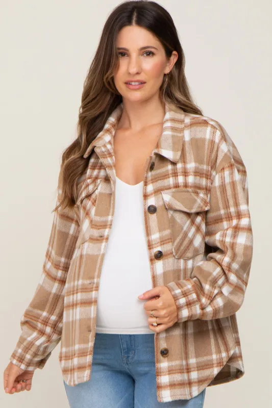 Light Mocha Plaid Front Pocket Maternity Shacket sold by Pinkblush