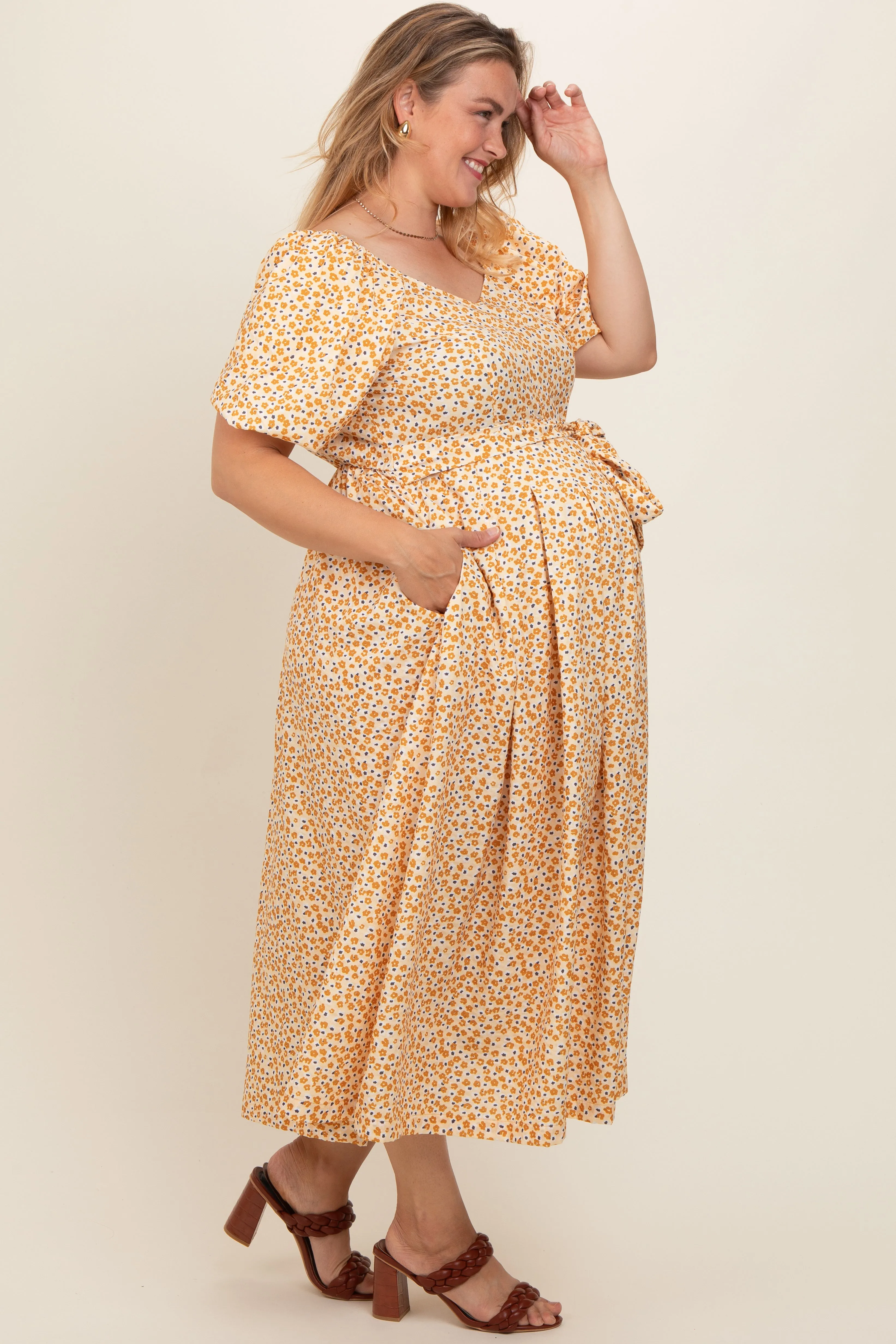 Yellow Floral Short Puff Sleeve Maternity Plus Midi Dress sold by Pinkblush product image thumbnail 2