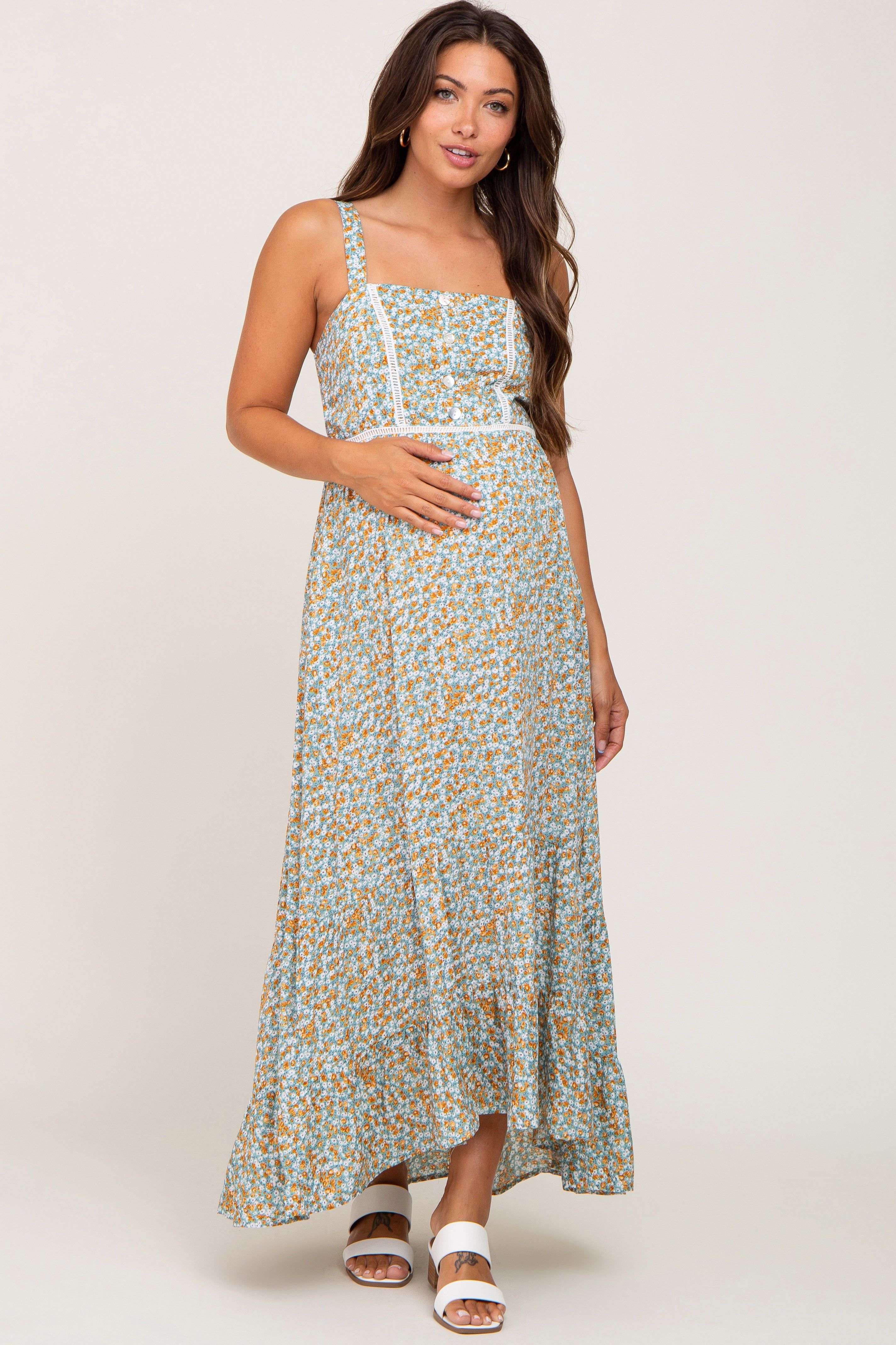 Green Floral Button Accent Maternity Maxi Dress sold by Pinkblush