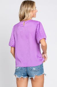 Lavender Satin Pleated Puff Short Sleeve Blouse sold by Pinkblush