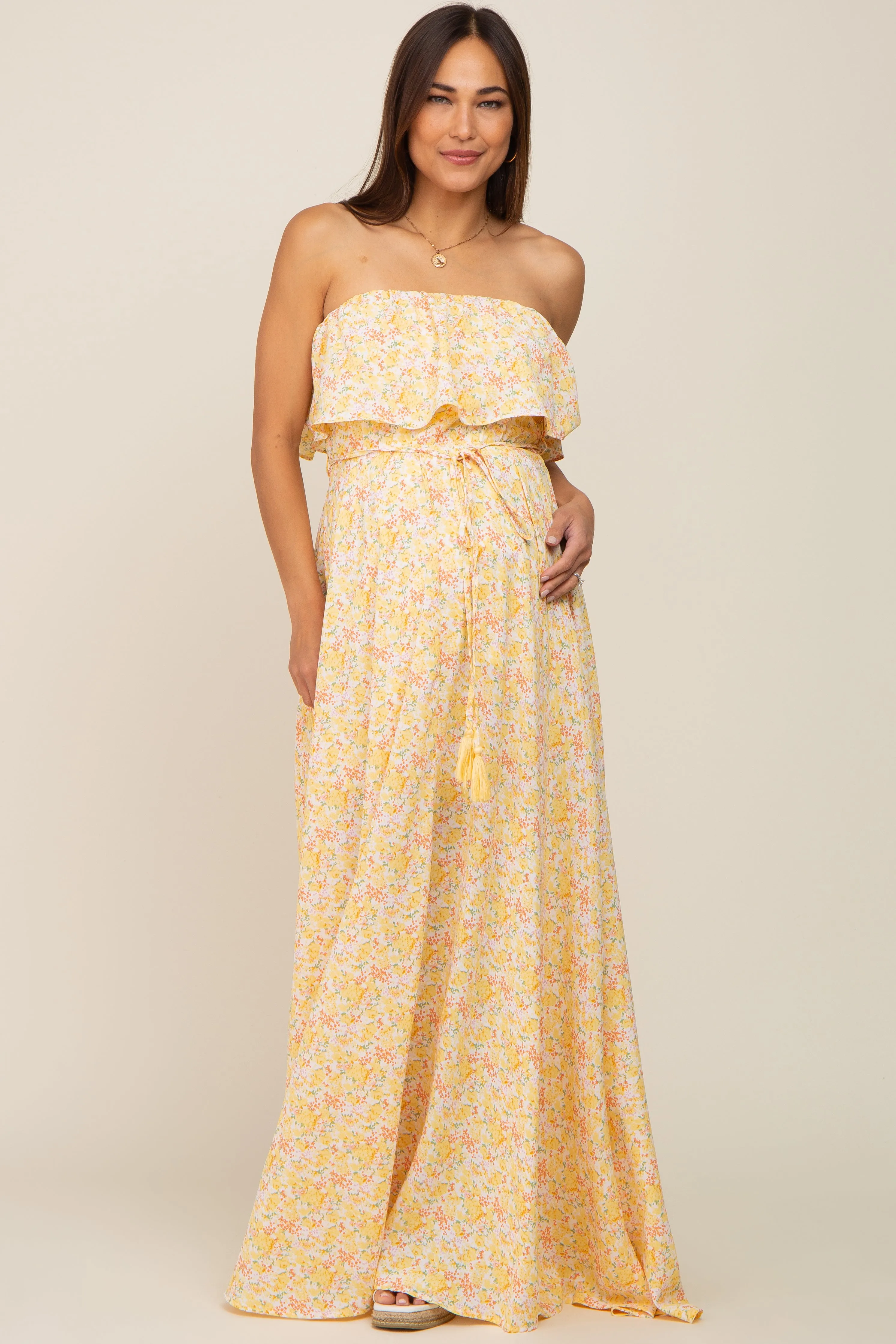 Yellow Floral Sleeveless Maternity Maxi Dress sold by Pinkblush