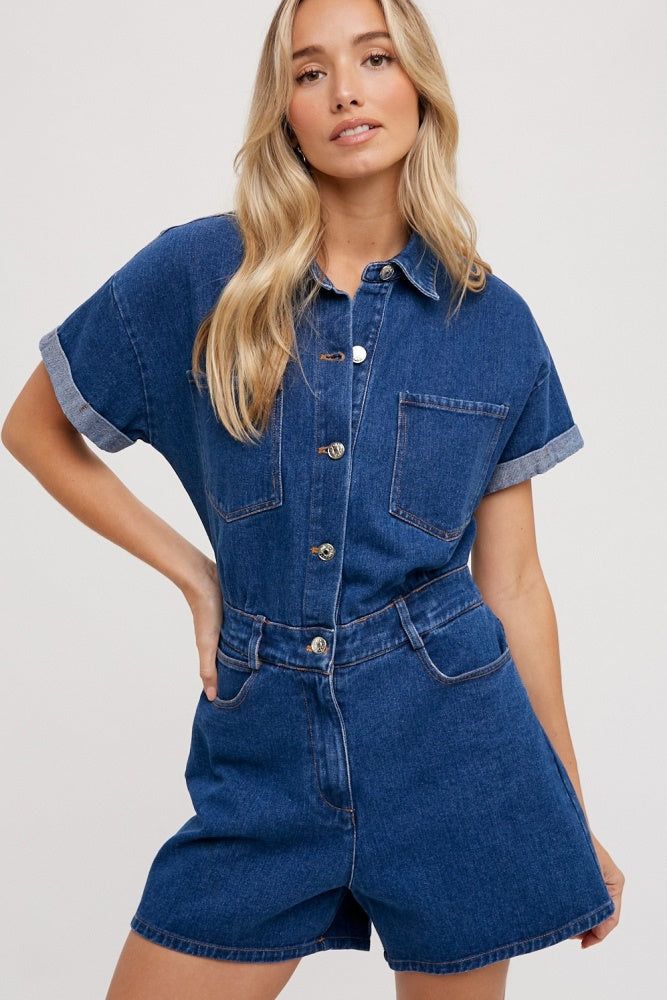 Medium Denim Button Down Shirt Romper sold by Pinkblush