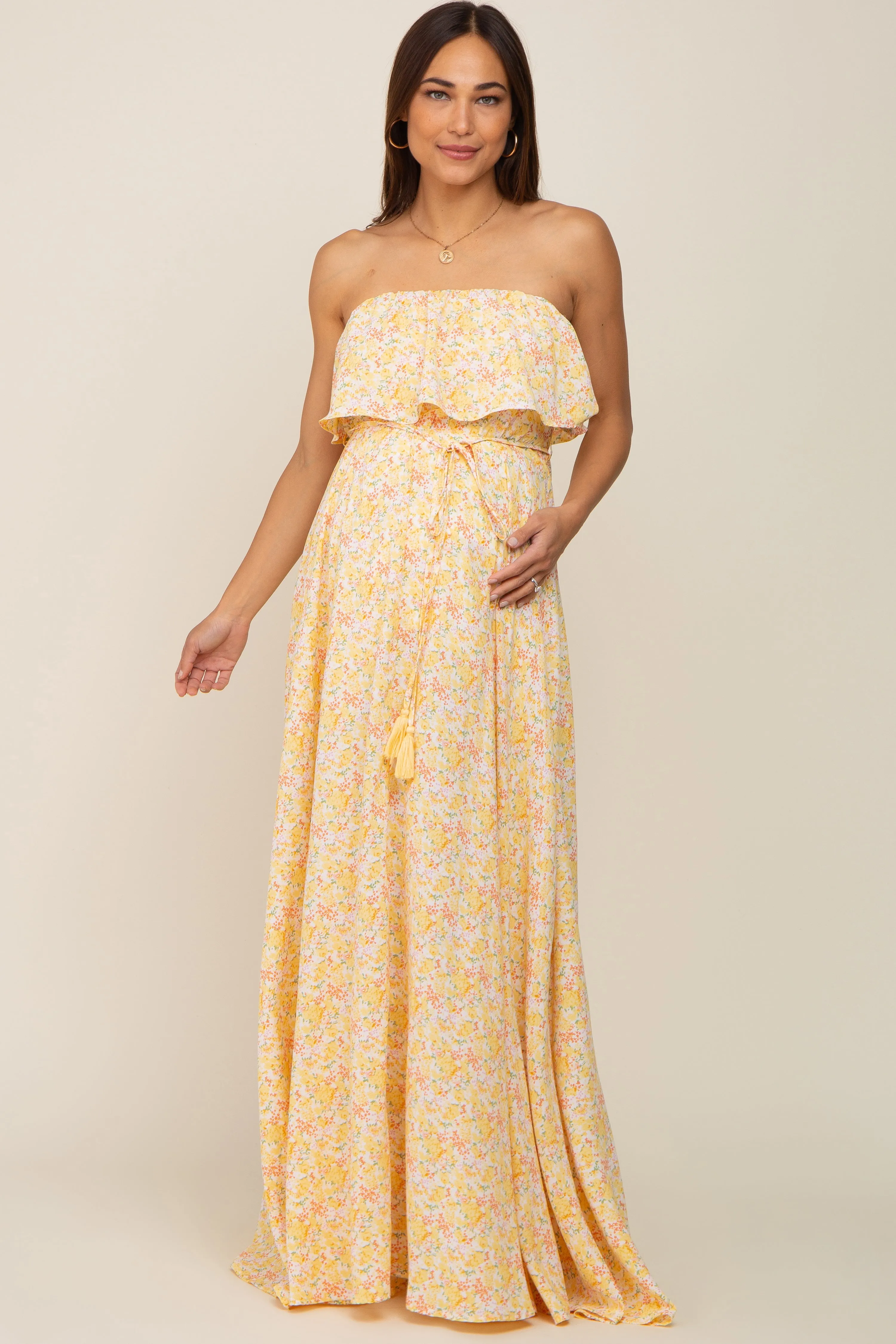 Yellow Floral Sleeveless Maternity Maxi Dress sold by Pinkblush product image thumbnail 2