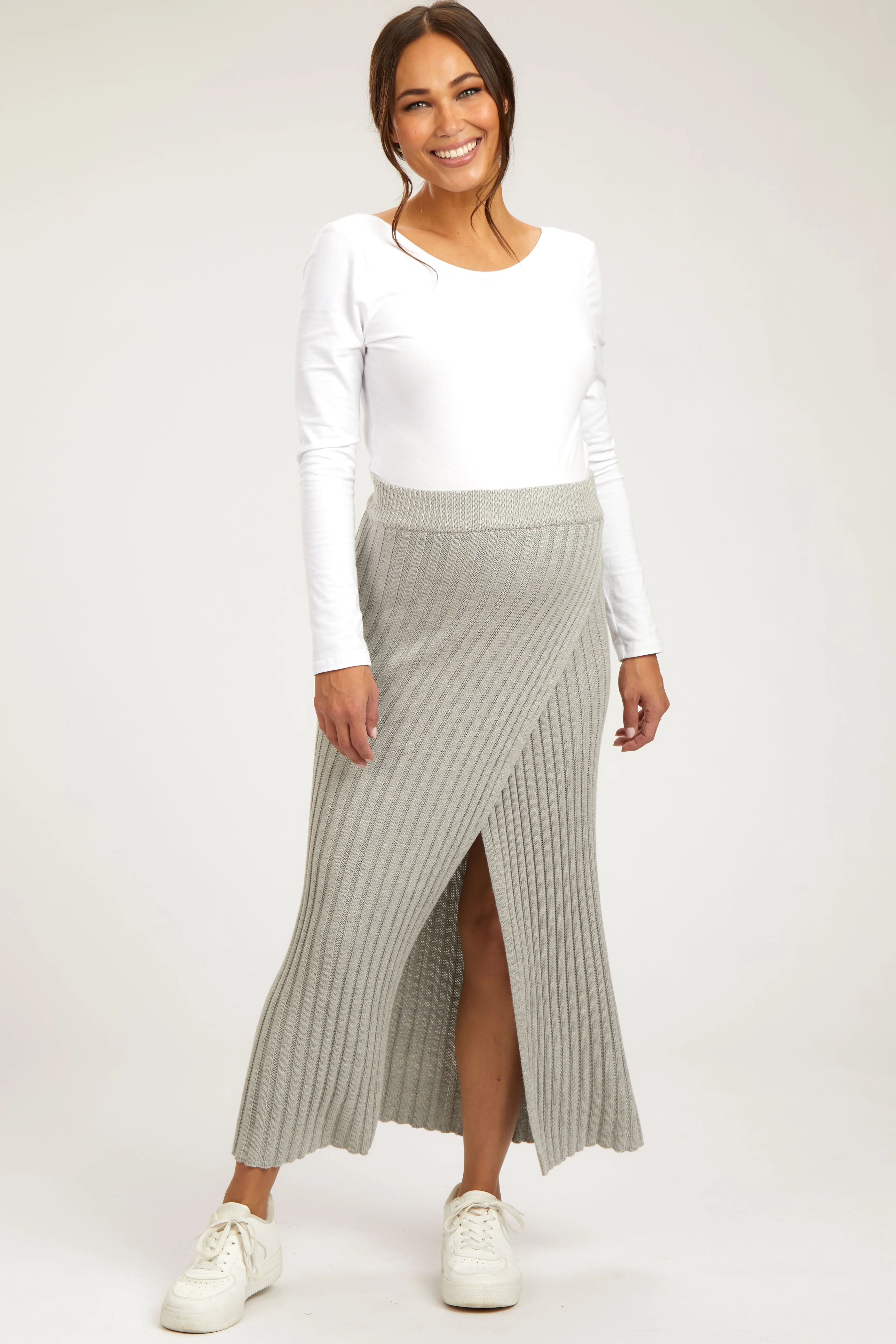 Gray Ribbed Knit Wrap Maternity Maxi Skirt sold by Pinkblush