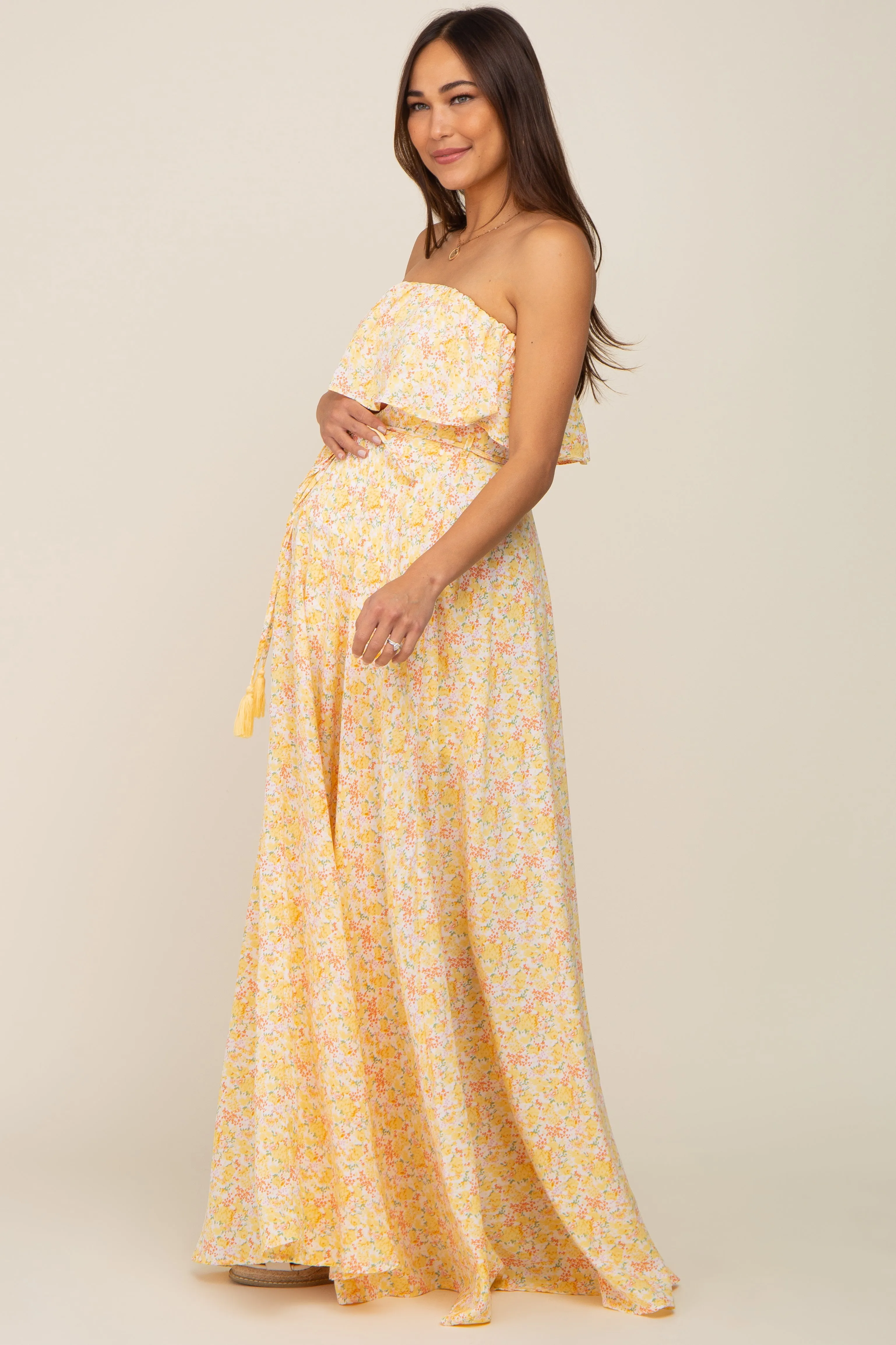 Yellow Floral Sleeveless Maternity Maxi Dress sold by Pinkblush product image thumbnail 3