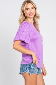 Lavender Satin Pleated Puff Short Sleeve Blouse sold by Pinkblush