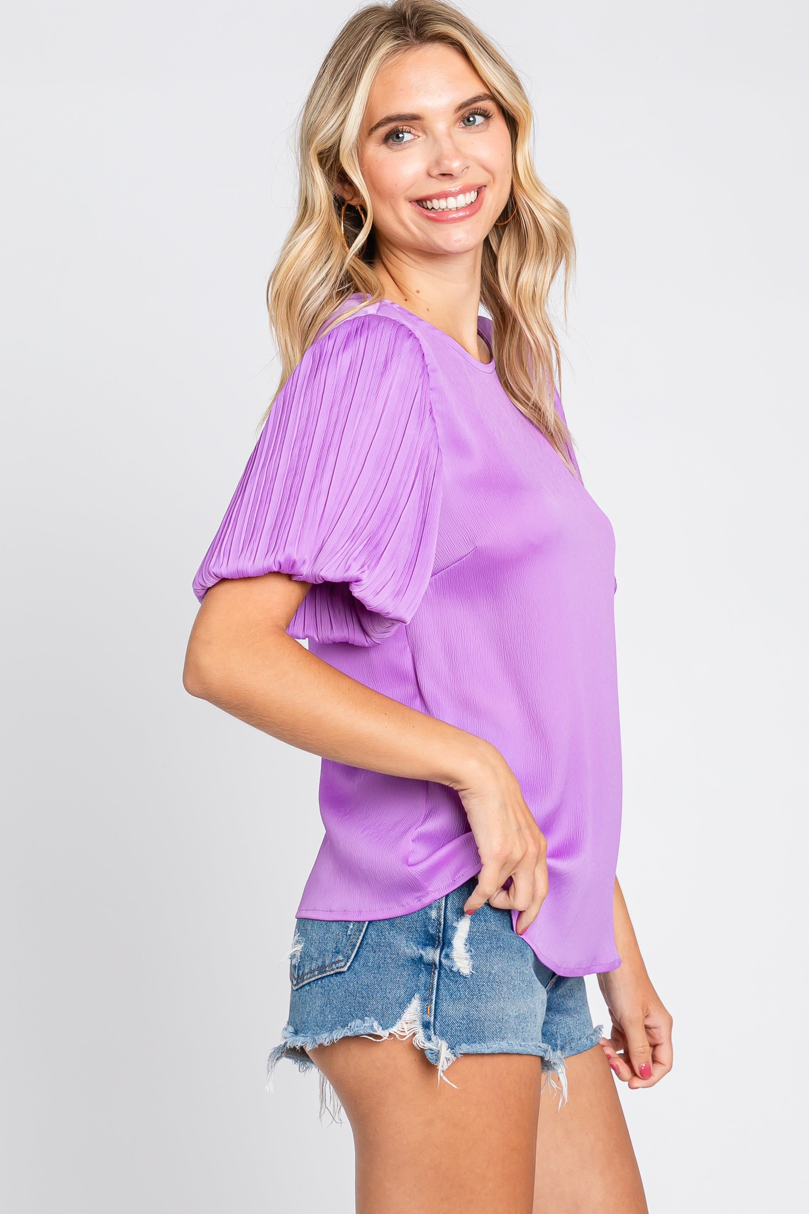 Lavender Satin Pleated Puff Short Sleeve Blouse sold by Pinkblush product image thumbnail 2
