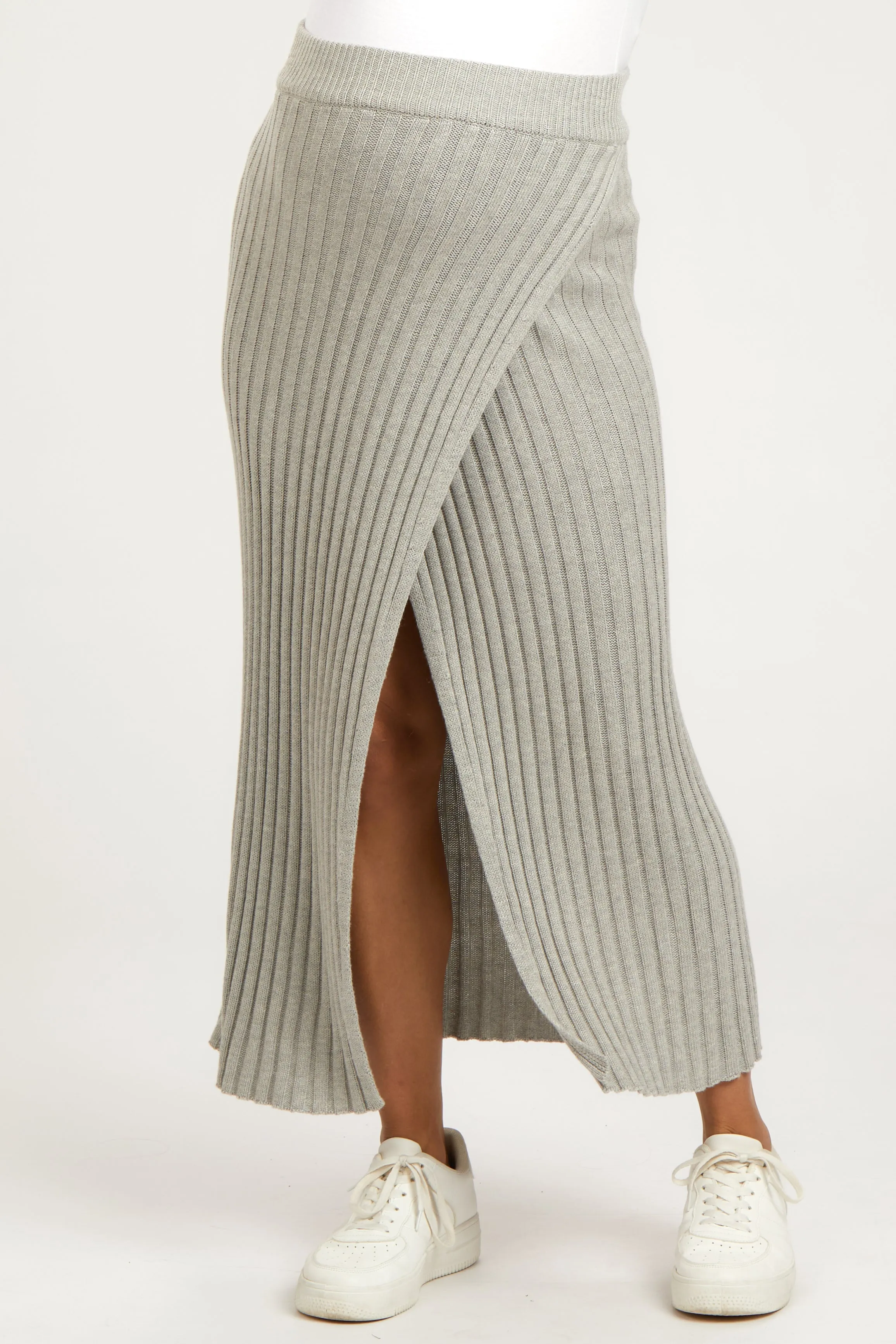 Gray Ribbed Knit Wrap Maternity Maxi Skirt sold by Pinkblush product image thumbnail 2