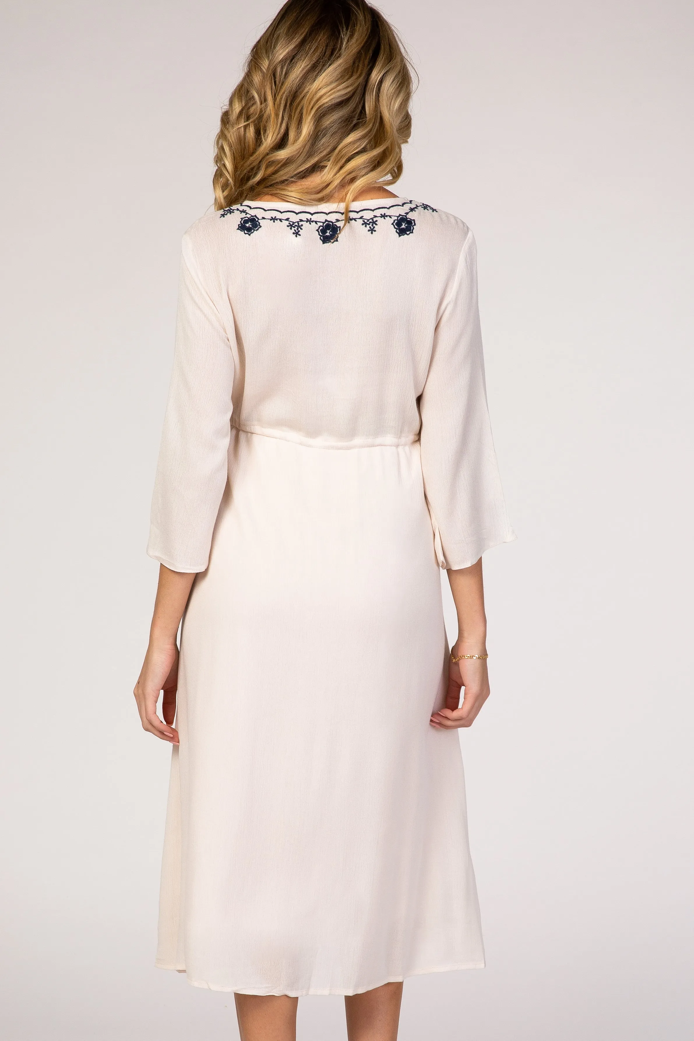 Beige Floral Embroidered 3/4 Sleeve Maternity Midi Dress sold by Pinkblush product image thumbnail 4