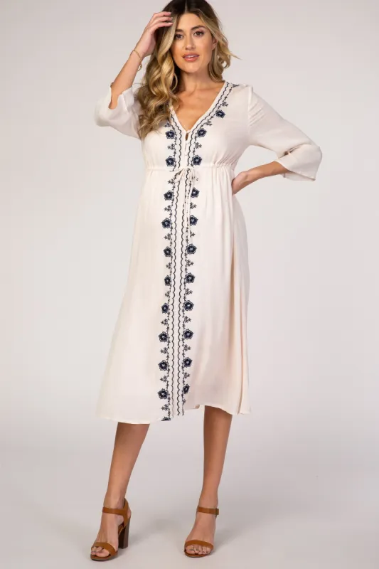 Beige Floral Embroidered 3/4 Sleeve Maternity Midi Dress sold by Pinkblush