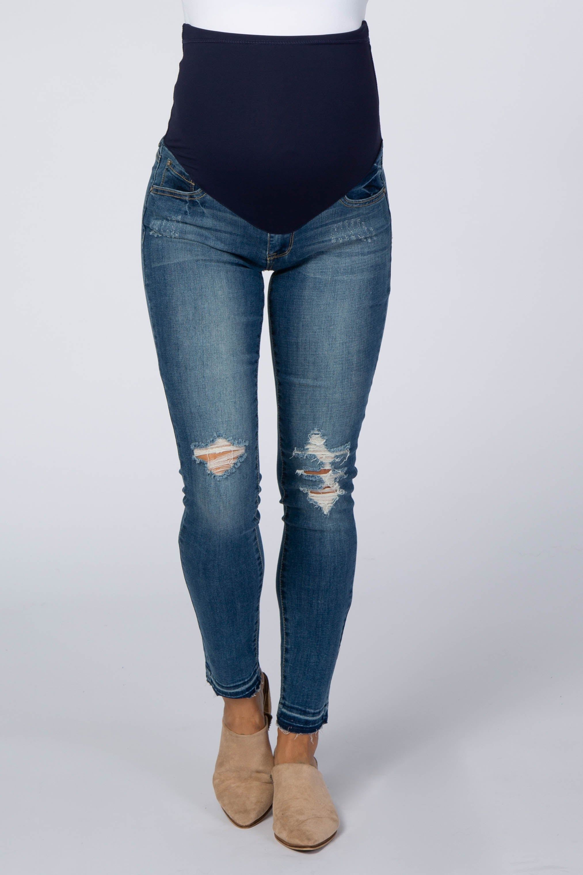 Navy Blue Distressed Raw Hem Maternity Jeans sold by Pinkblush product image thumbnail 2