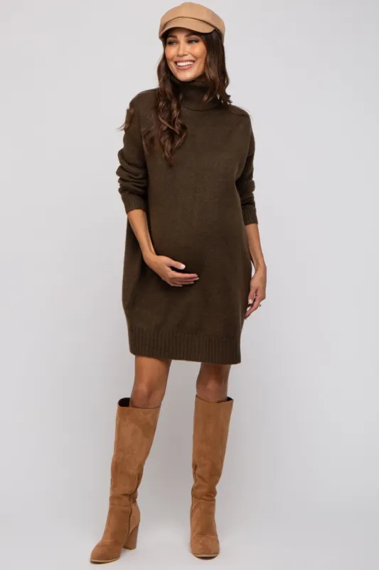 Olive Turtleneck Maternity Sweater Mini Dress sold by Pinkblush