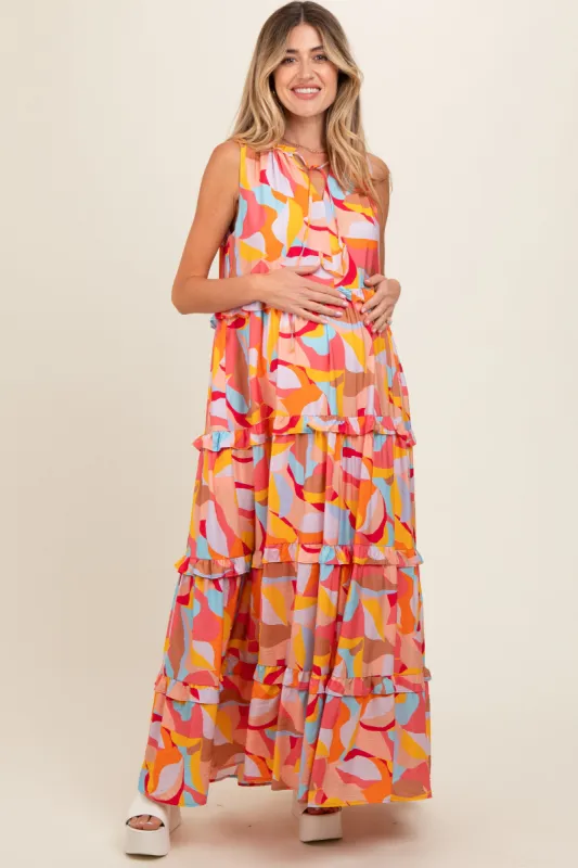 Orange Abstract Ruffle Tiered Maternity Maxi Dress sold by Pinkblush