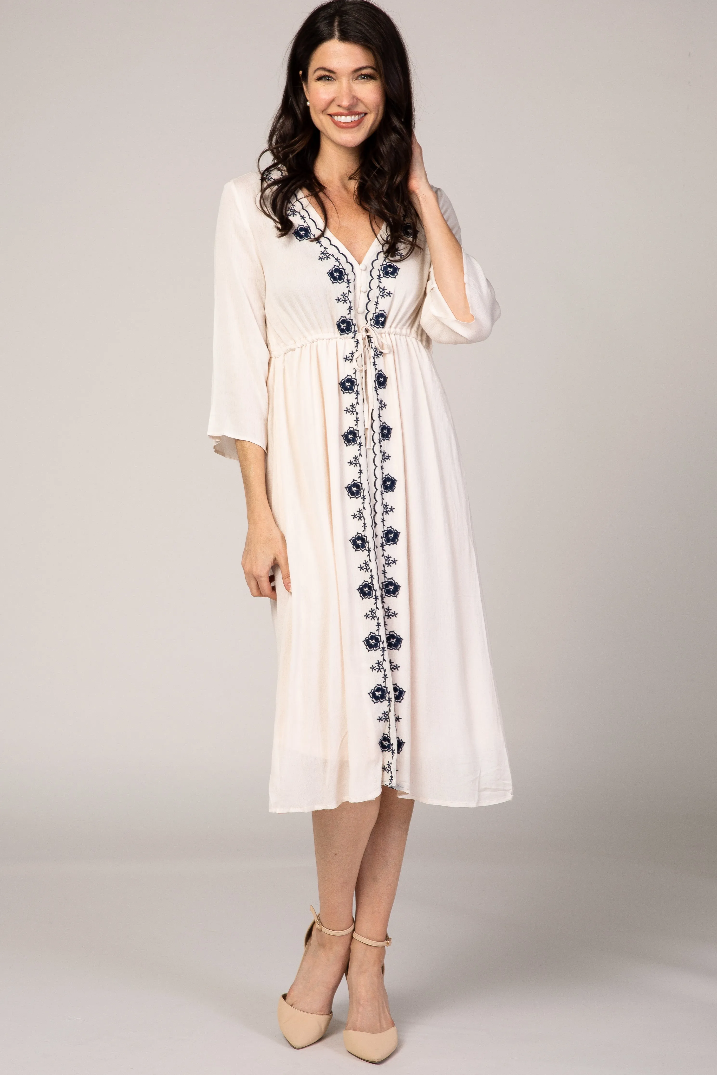 Beige Floral Embroidered 3/4 Sleeve Maternity Midi Dress sold by Pinkblush product image thumbnail 5