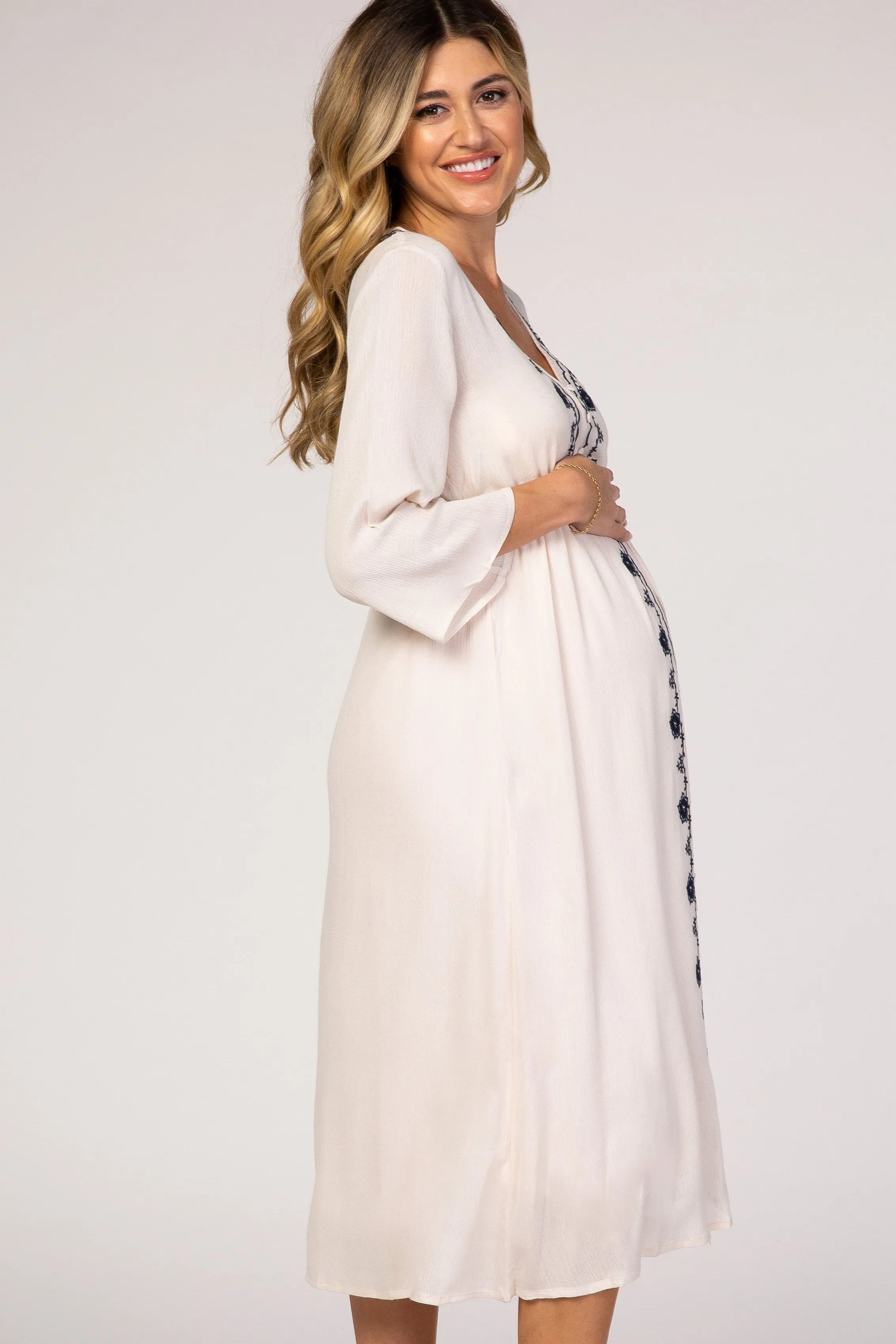 Beige Floral Embroidered 3/4 Sleeve Maternity Midi Dress sold by Pinkblush product image thumbnail 2