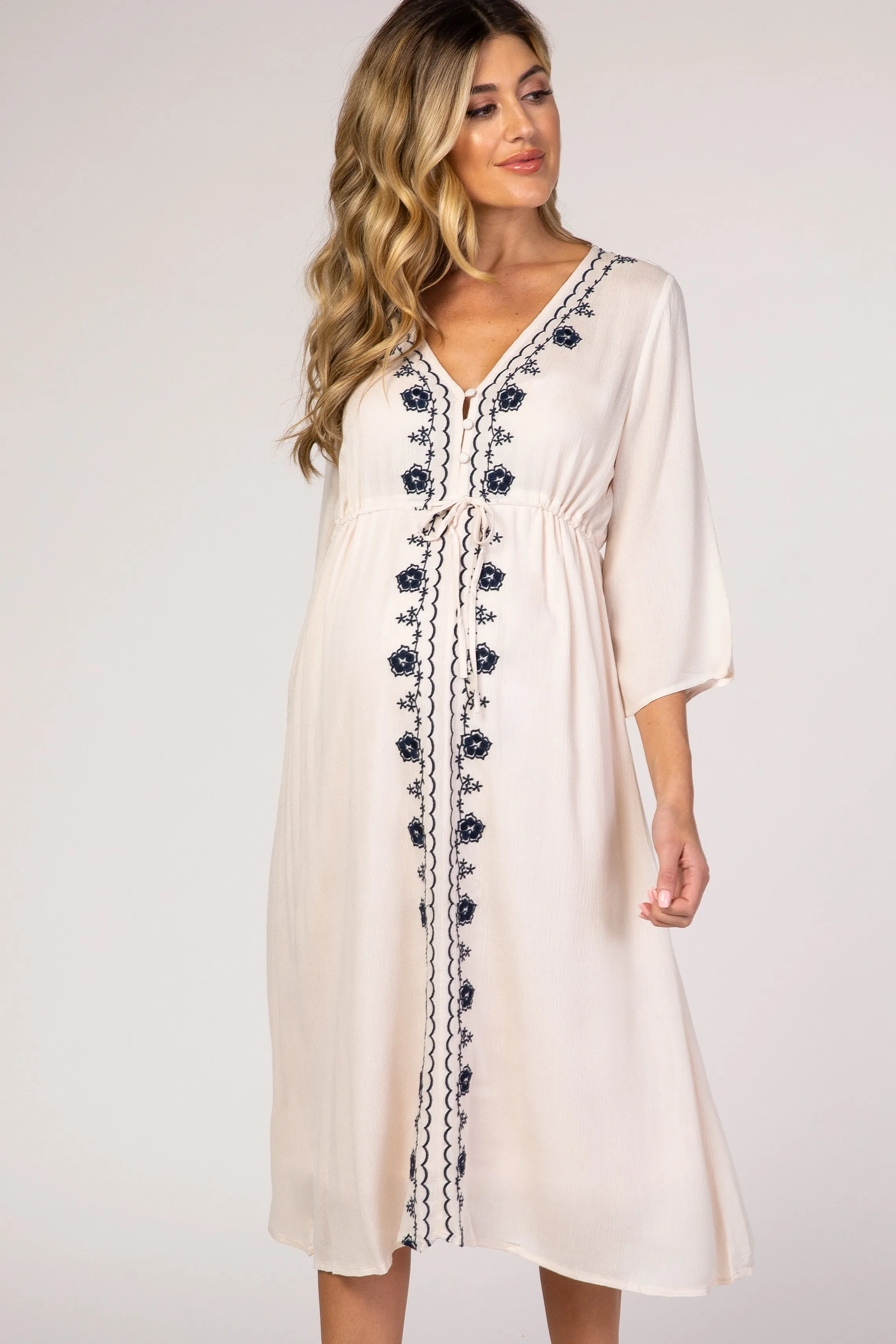 Beige Floral Embroidered 3/4 Sleeve Maternity Midi Dress sold by Pinkblush product image thumbnail 3