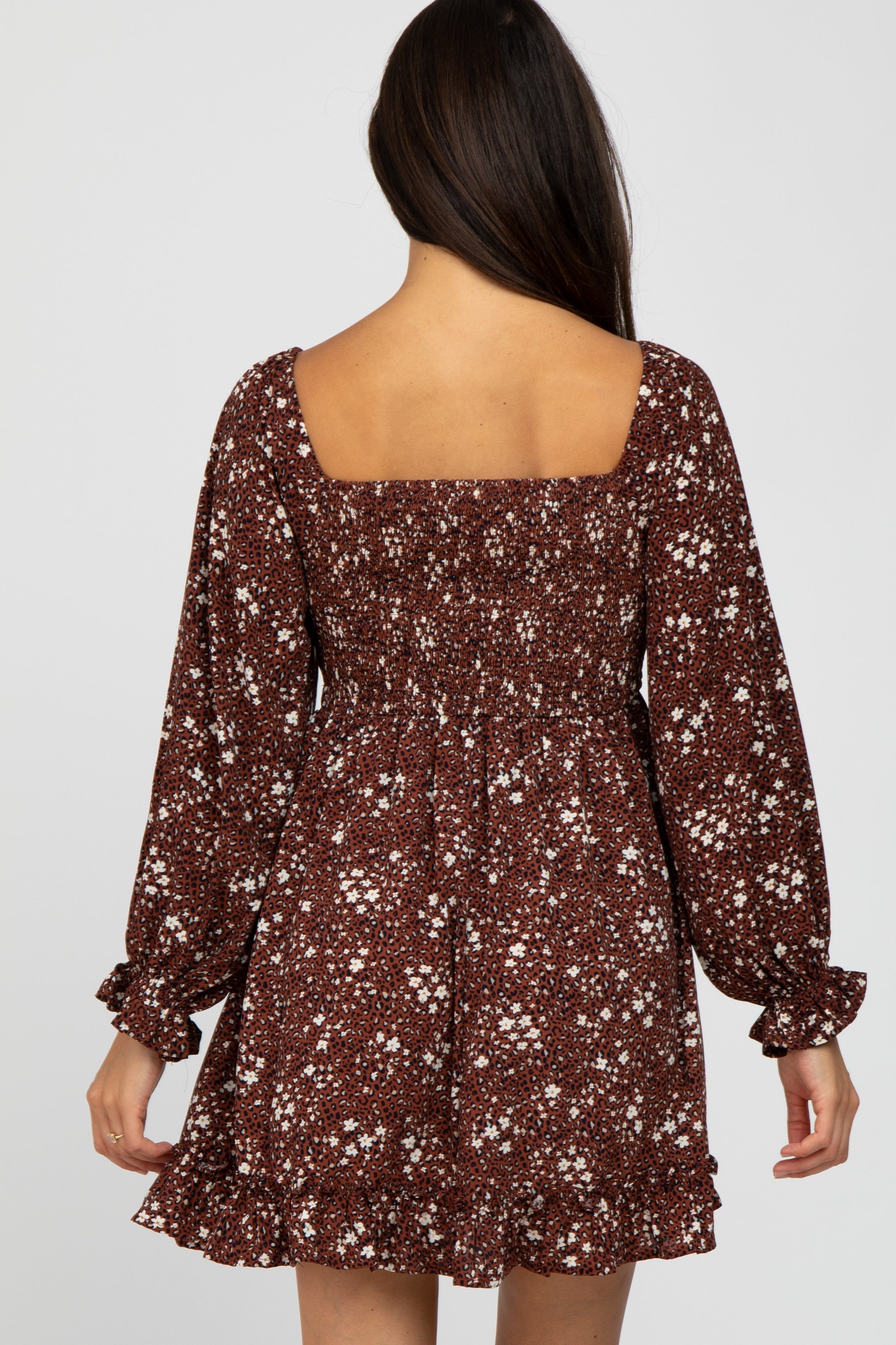 Rust Floral Leopard Print Smocked Dress sold by Pinkblush product image thumbnail 4