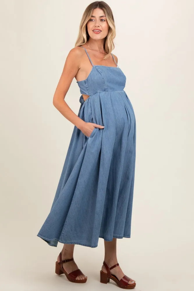 Blue Back Tie Straight Neck Maternity Midi Maternity Dress sold by Pinkblush product image thumbnail 2