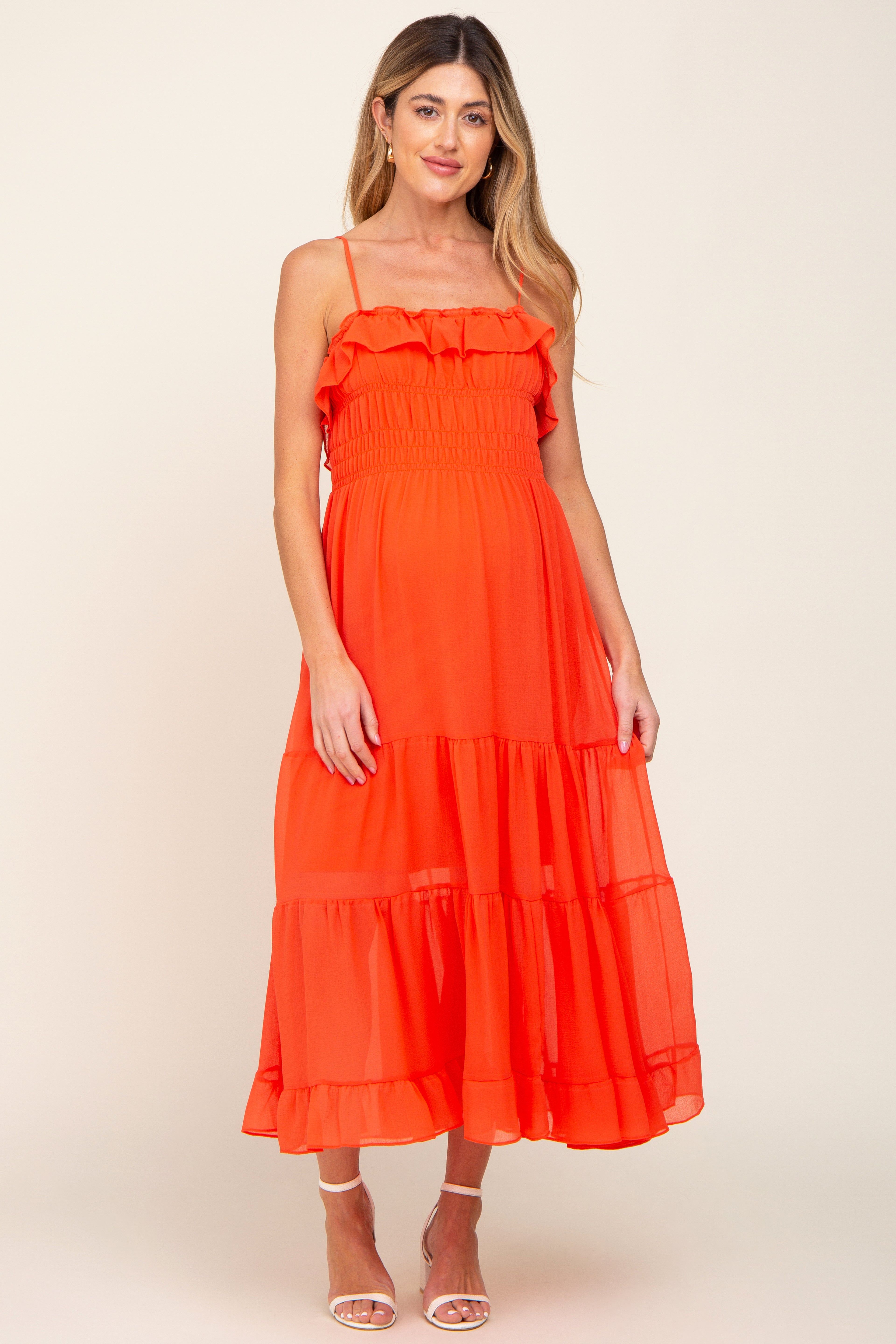 Orange Shirred Ruffle Maternity Midi Dress sold by Pinkblush product image thumbnail 4