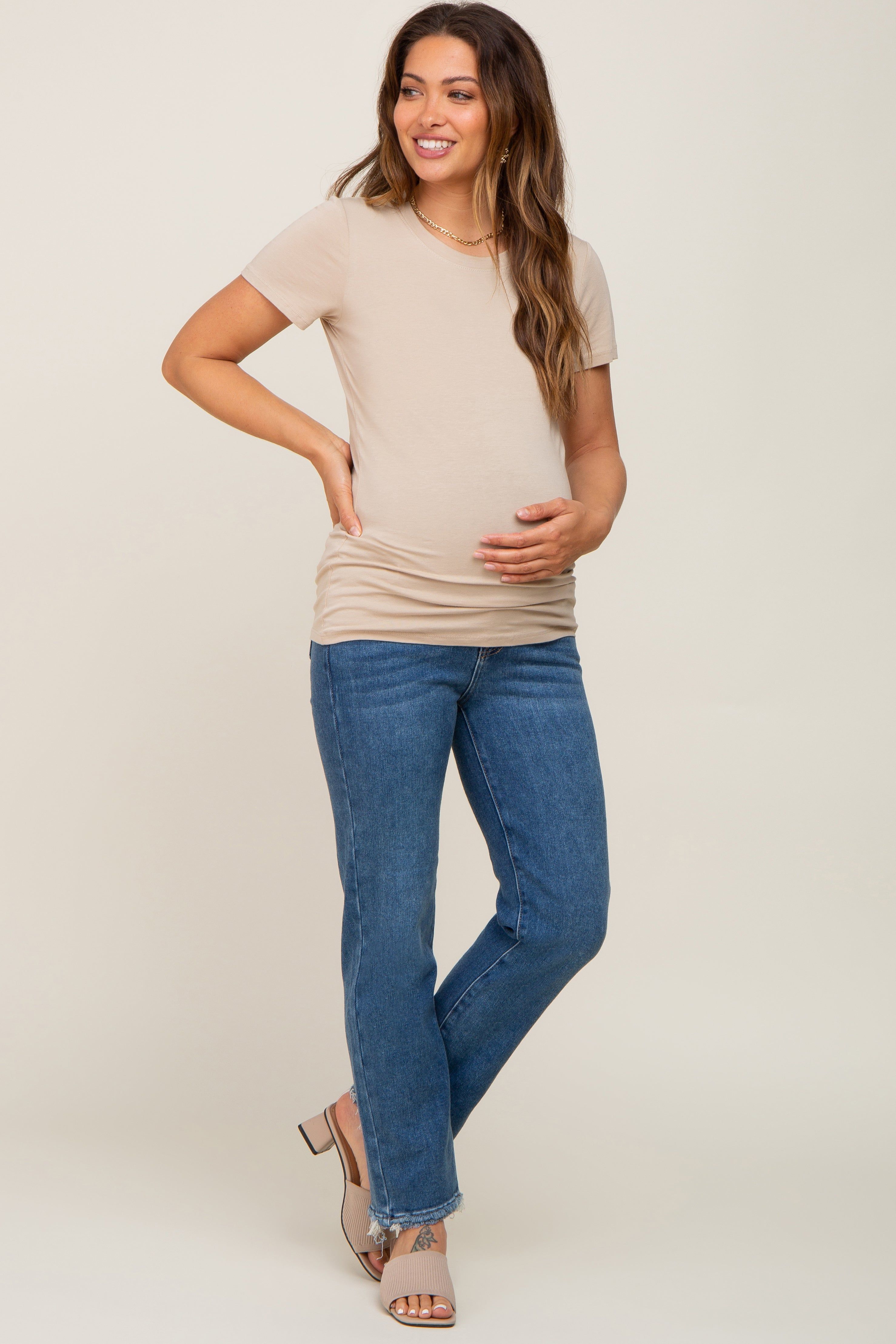 Medium Blue Fringe Hem Straight Leg Maternity Jeans sold by Pinkblush