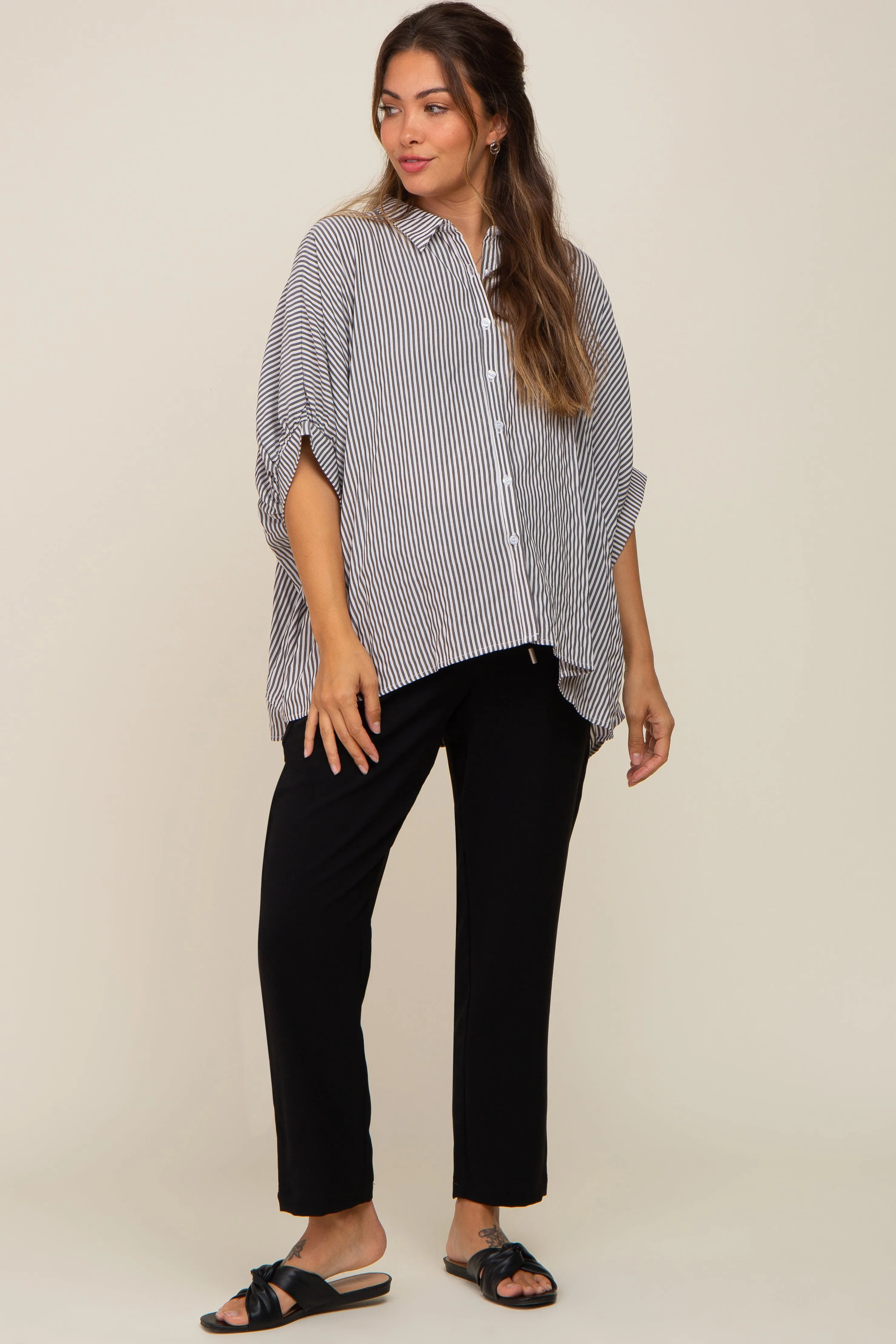 Black Striped Dolman Button Down Maternity Top sold by Pinkblush product image thumbnail 5